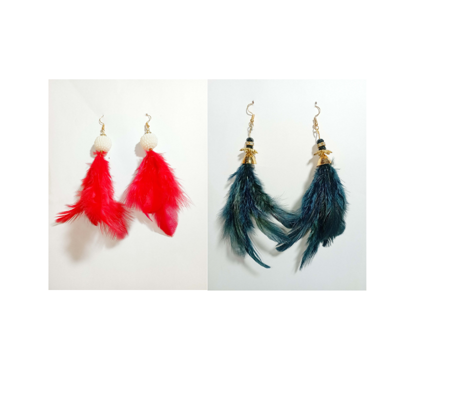 Red & Black Feather Earrings - Set of 2