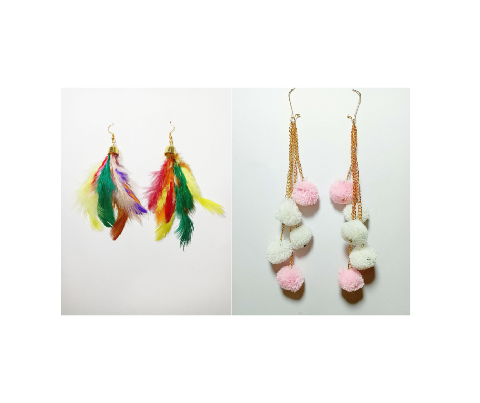 Multicolor Feather & Light Pink with White Pom Pom Earrings - Set of 2