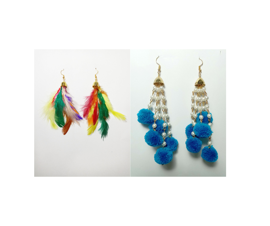 Multicolor Feather & Blue Pom Pom Earrings - Set of 2