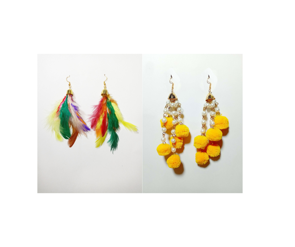 Multicolor Feather & Yellow Pom Pom Earrings - Set of 2