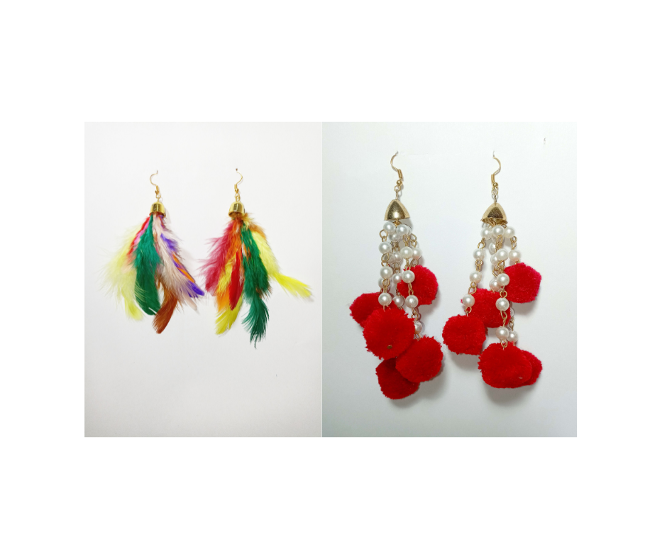 Multicolor & Maroon Pom Pom Earrings - Set of 2