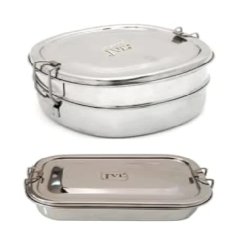 Jvl Stainless Steel Rectangular & Chakra Shape Single & Double Layer Not Leak Proof Lunch Box With Inner Plate - Set Of 2