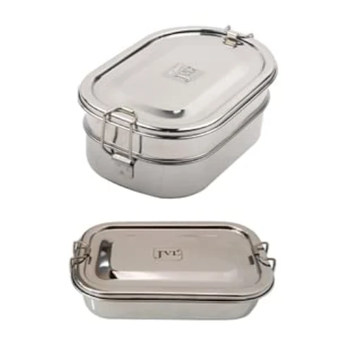 Jvl Stainless Steel Rectangular & Kar Shape Single & Double Layer Not Leak Proof Lunch Box With Inner Plate - Set Of 2