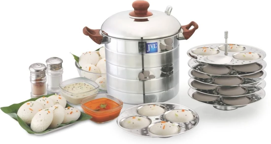 JVL PIM-6P-IP Stainless Steel Round Shape Prime Idli Maker 6 Plates Each with Plain Lid, Silver