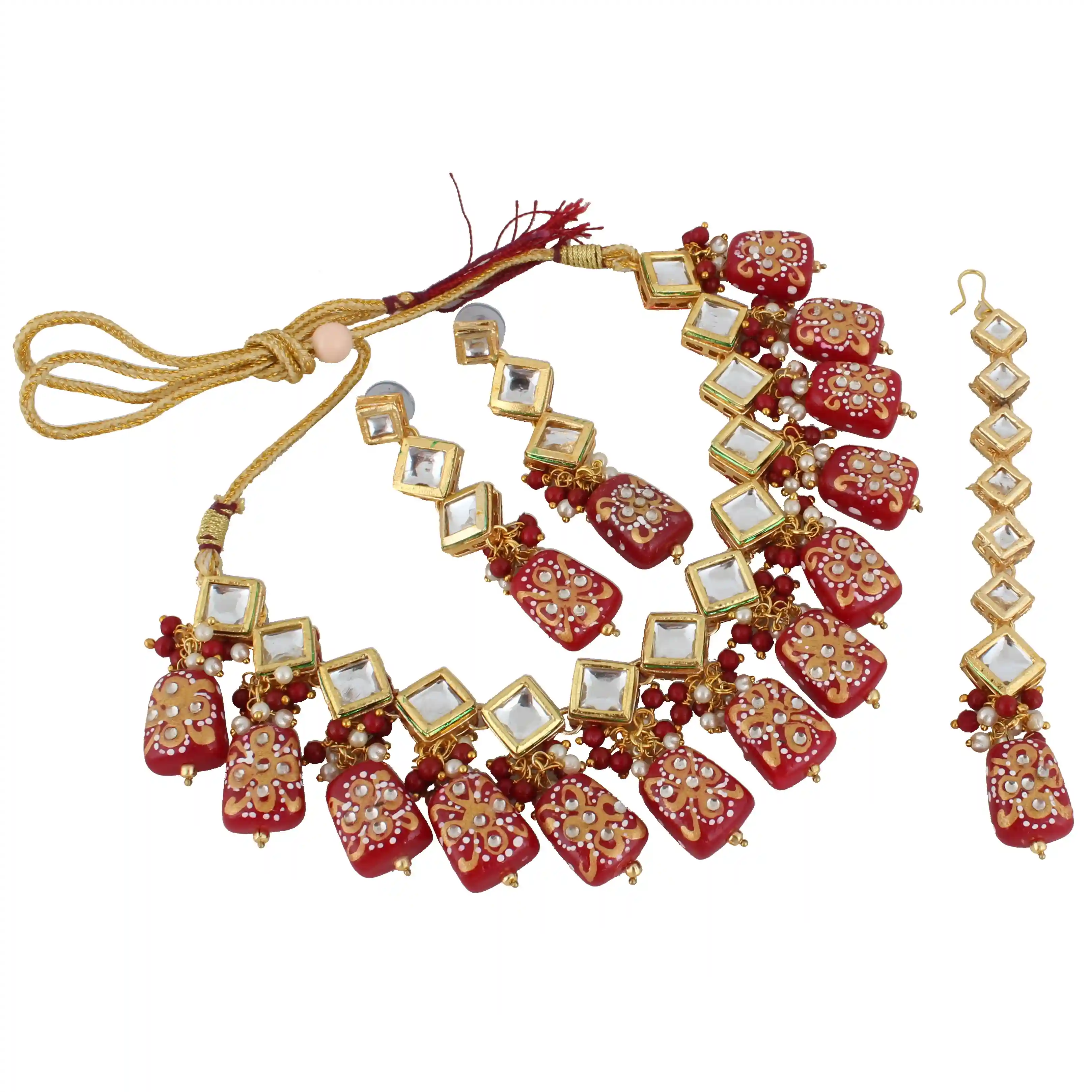 Gold Plated(18k) Meenakari Diamond Shape Kundan Choker Necklace Set With Maang Tika - Maroon