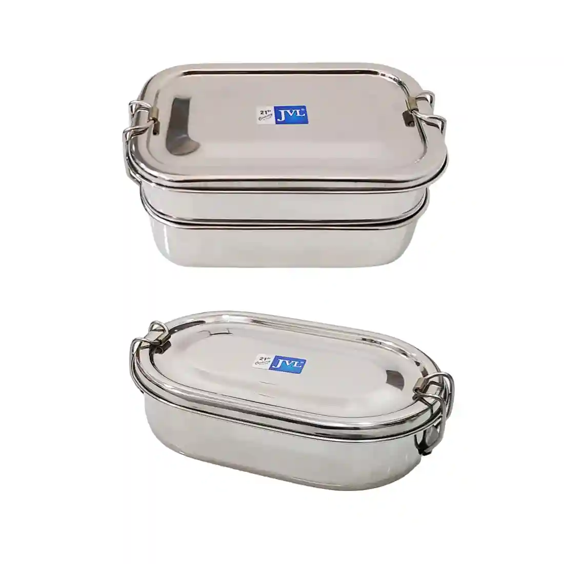 Jvl Stainless Steel Rectangular Double Layer Lunch Box With Inner Plate & Small Capsule Single Layer Lunch Box With Inner Plate - Set Of 2