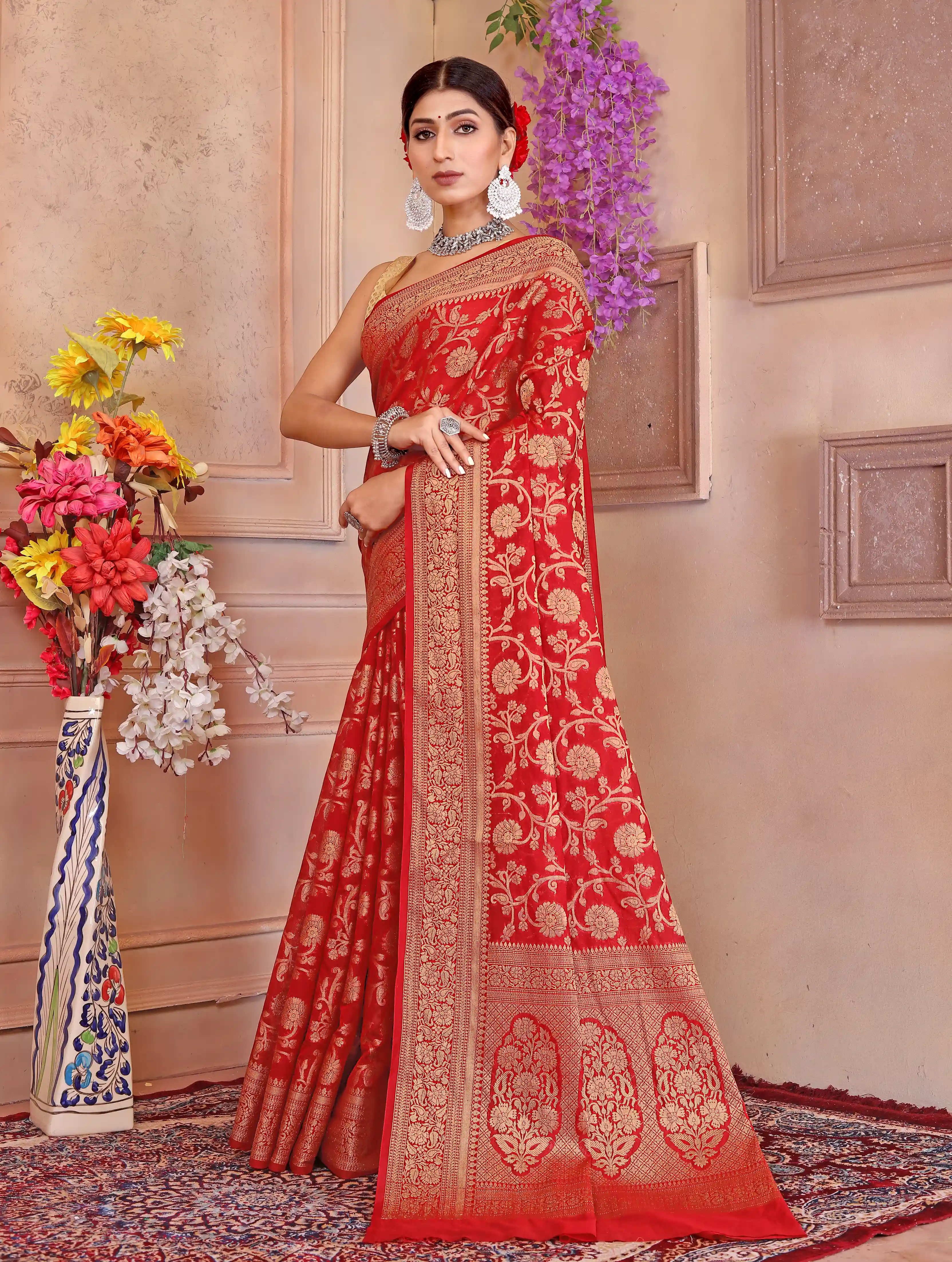 Red Banarasi Soft Georgette Jaal silk