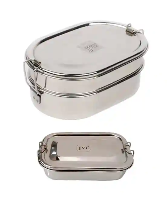 Jvl Stainless Steel Rectangular Single Layer Lunch Box With Inner Plate & Big Capsule Double Layer Lunch Box Not Leak Proof - Pack Of 2