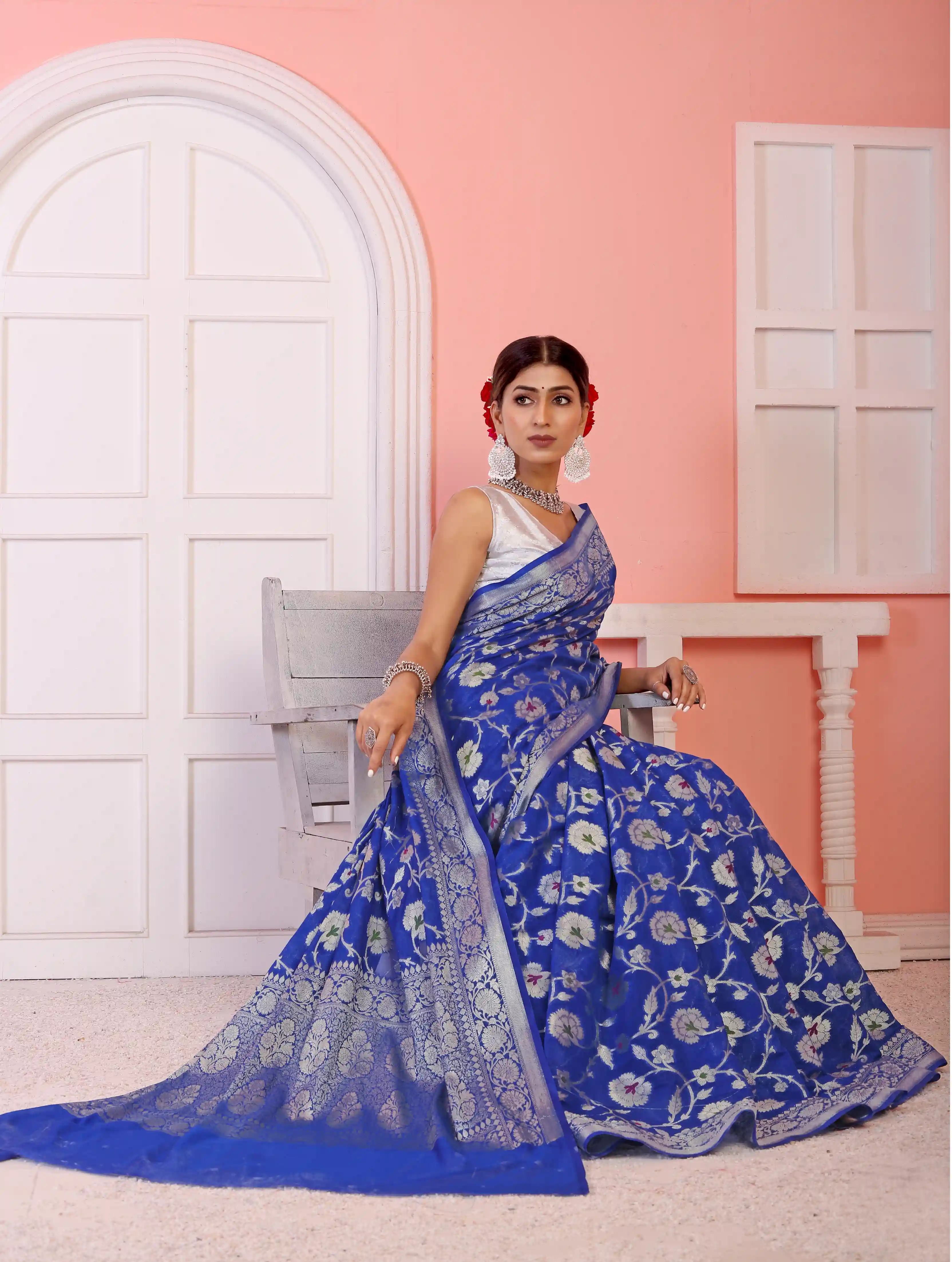 Soft Georgette Floral Banarasi Jaal Silk Saree - Blue