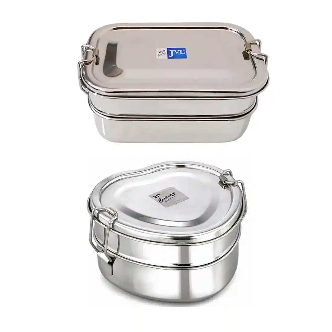 Jvl Stainless Steel Rectangular Shape Double Layer Lunch Box With Inner Plate & Small Heart Shape Lunch Box Not Leak Proof - Pack Of 2