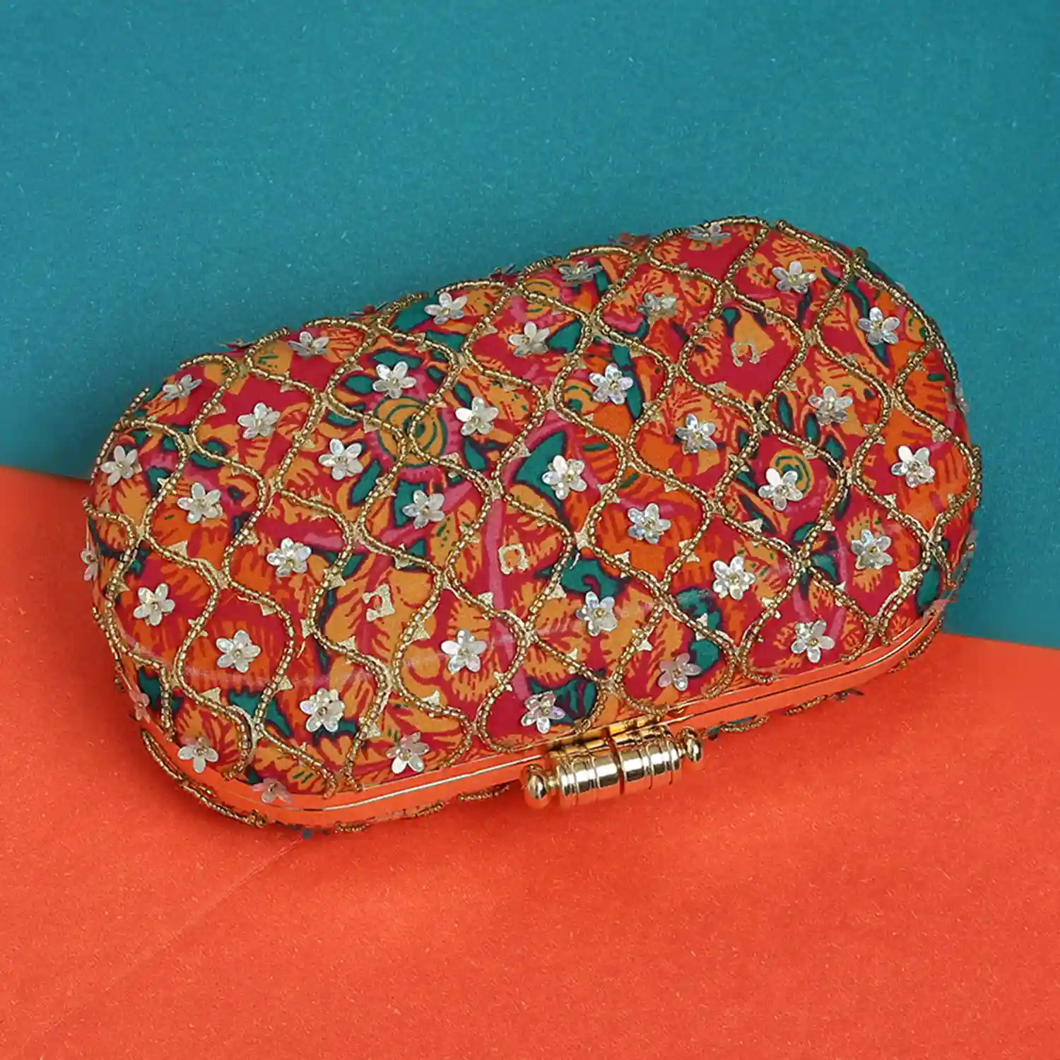 Embroidered Oval Clutch For Women - Orange