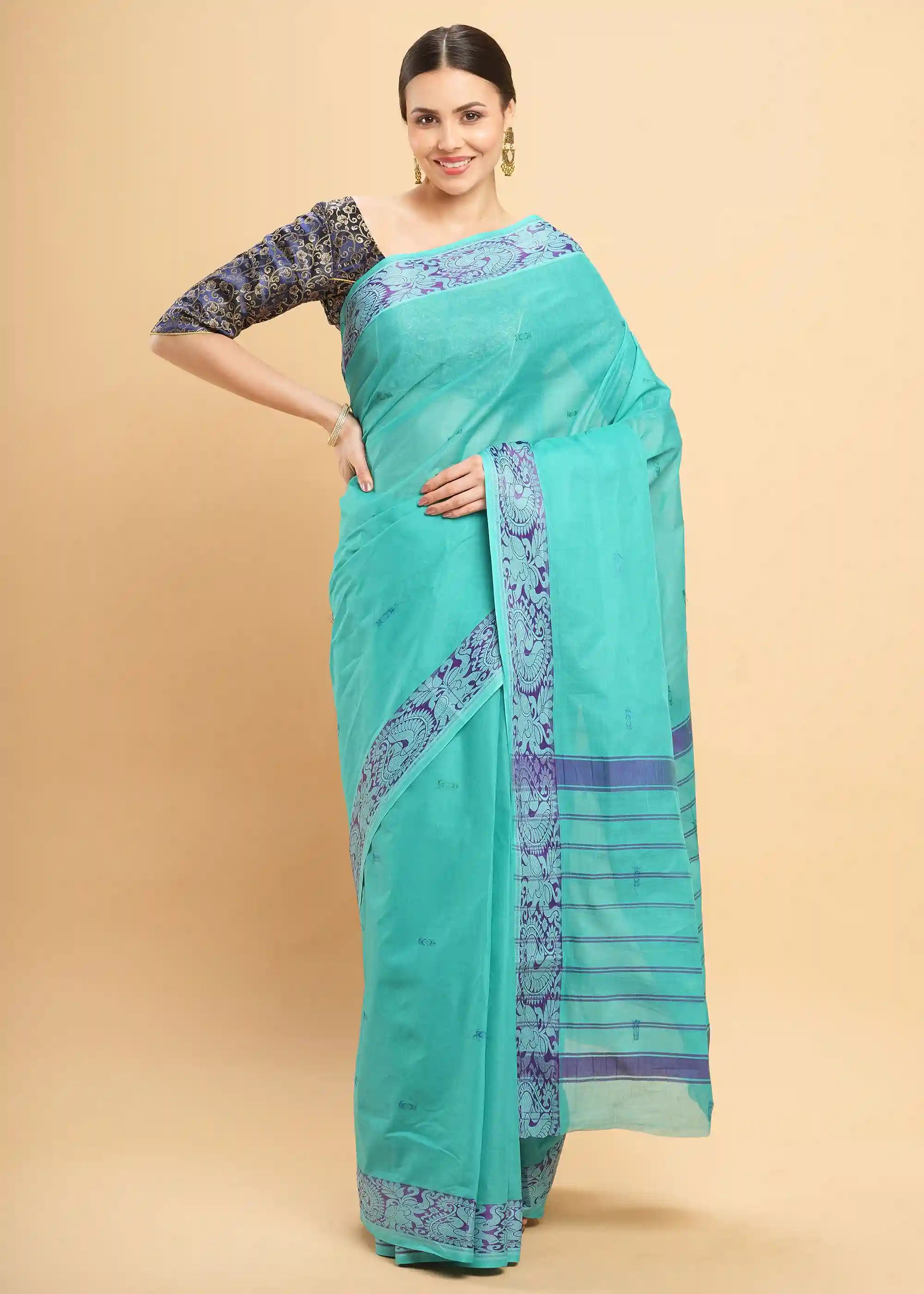 Woven Chettinad Pure Cotton Saree - Sea Green