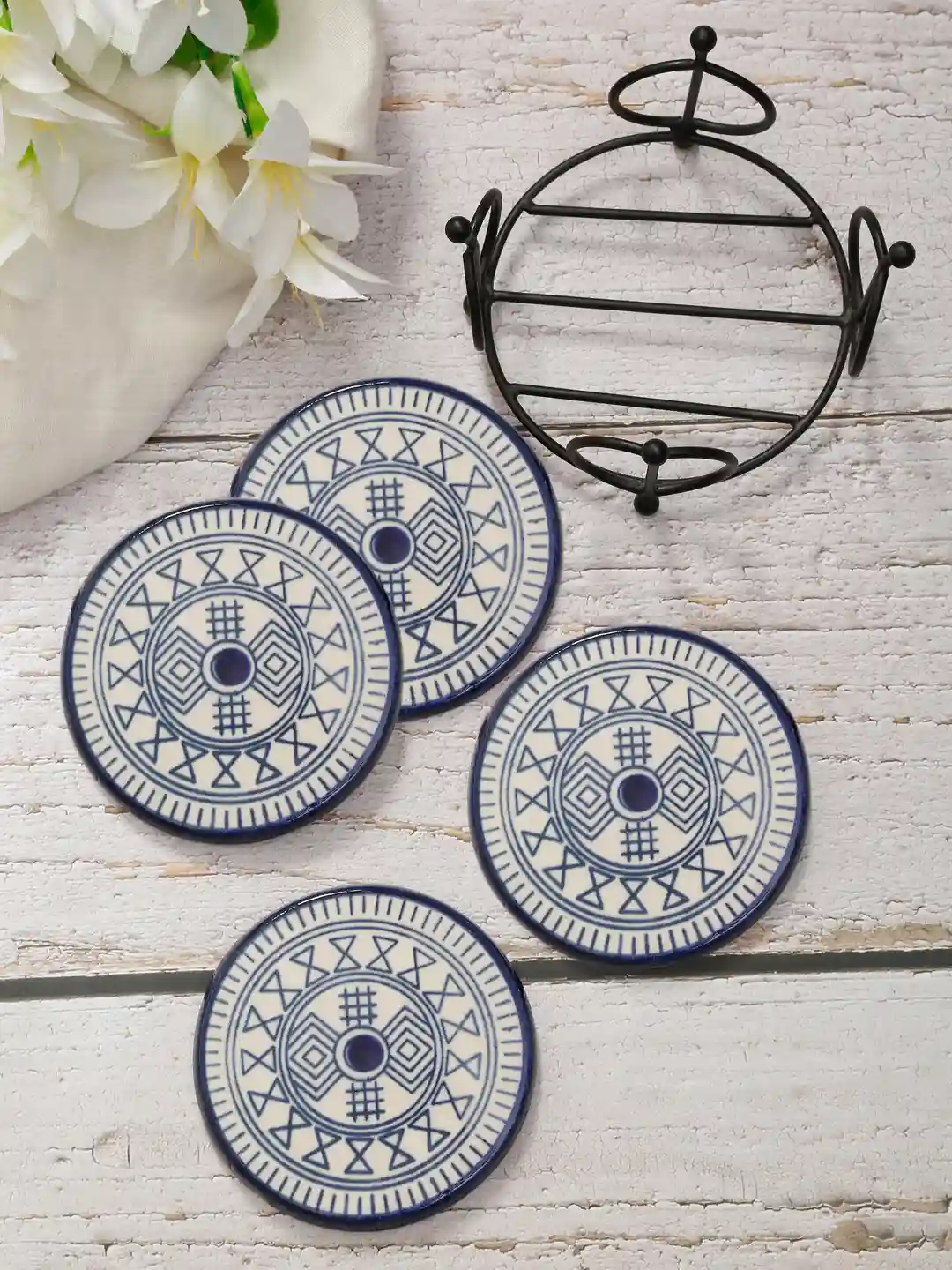 Shilpkara "Pentacle Puzzle" Hand Painted Wooden Coffee and Tea Coasters With Stand - Set of 4