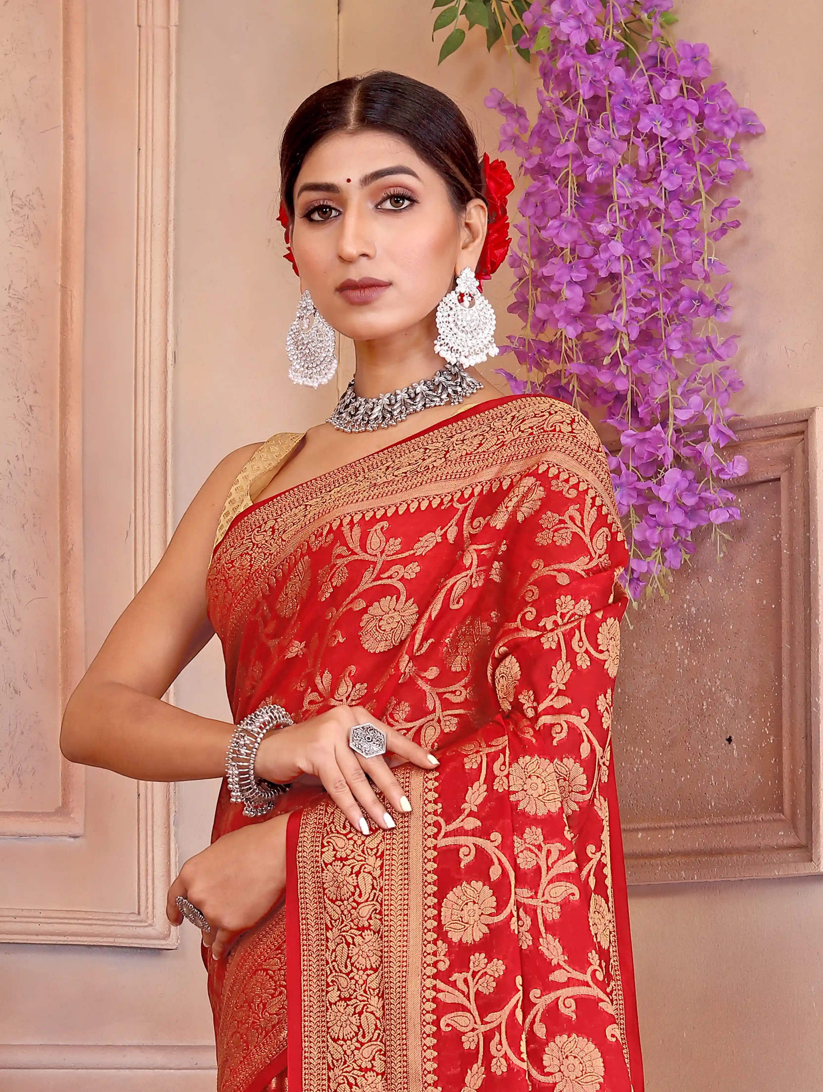 Red Banarasi Soft Georgette Jaal silk