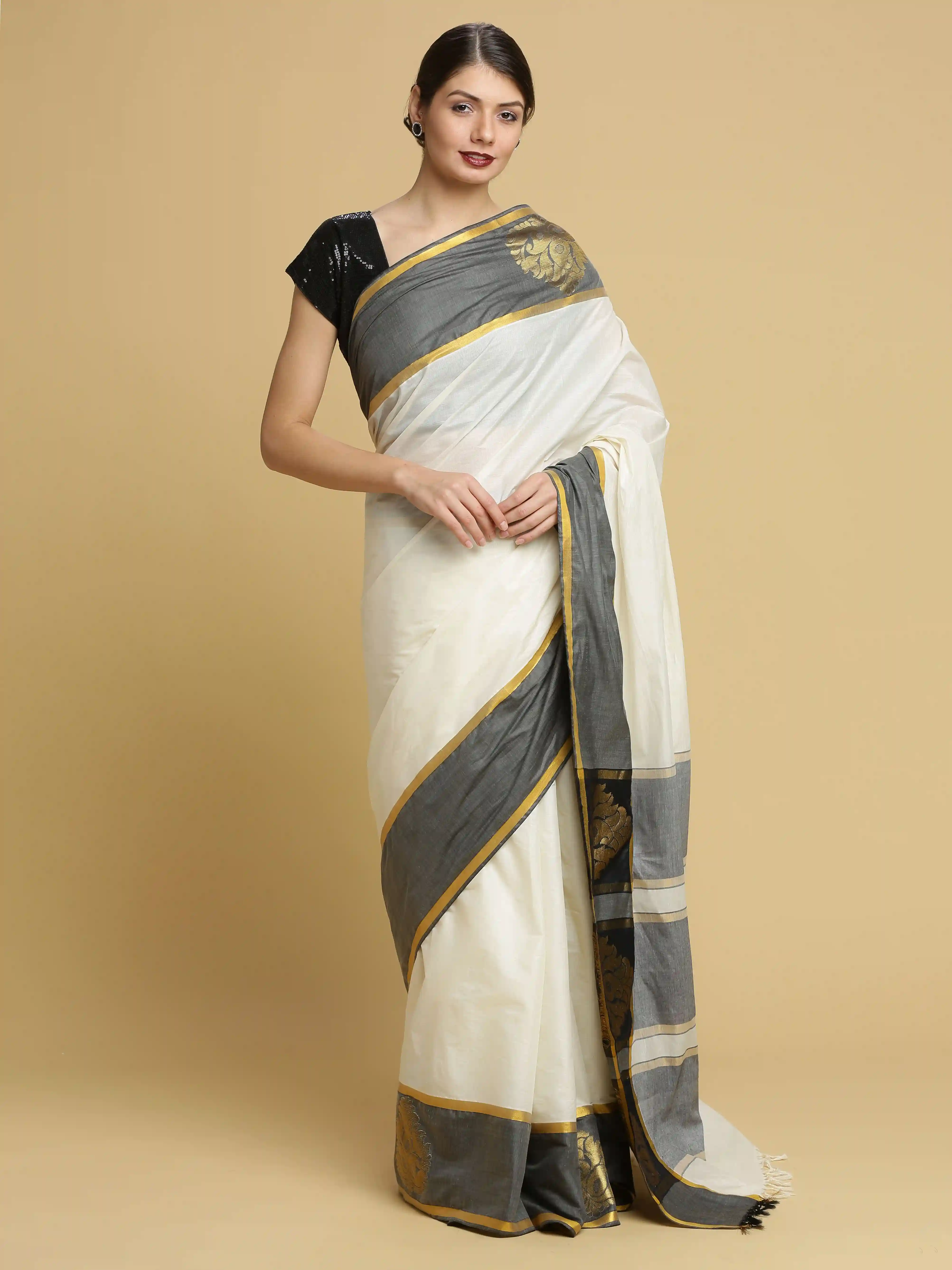 Plain Kerala Kasavu Pure Cotton Saree With Woven Border - Off White & Grey