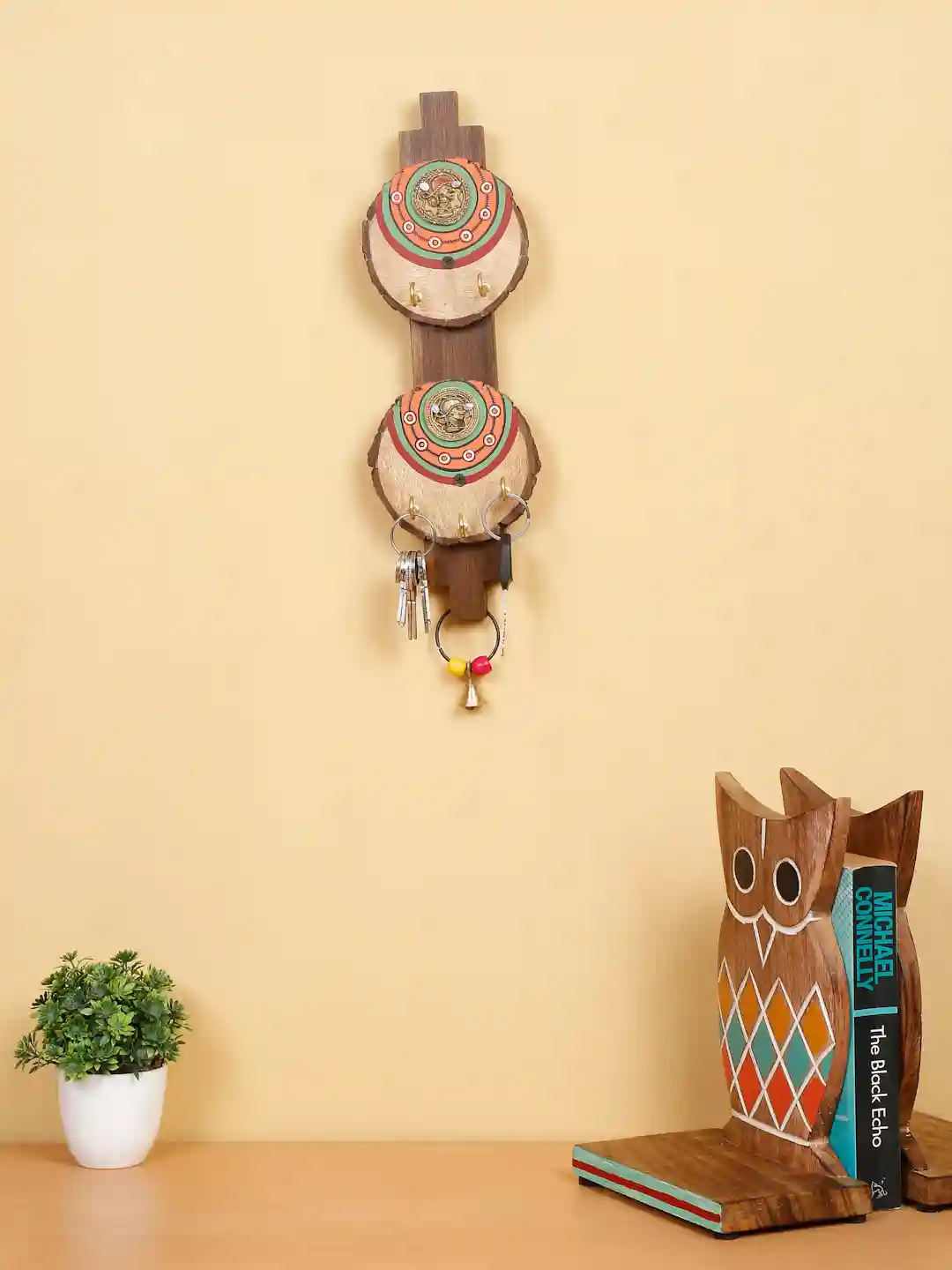 Shilpkara Dhokra Motifs Handpainted Wooden Key Holder for Wall