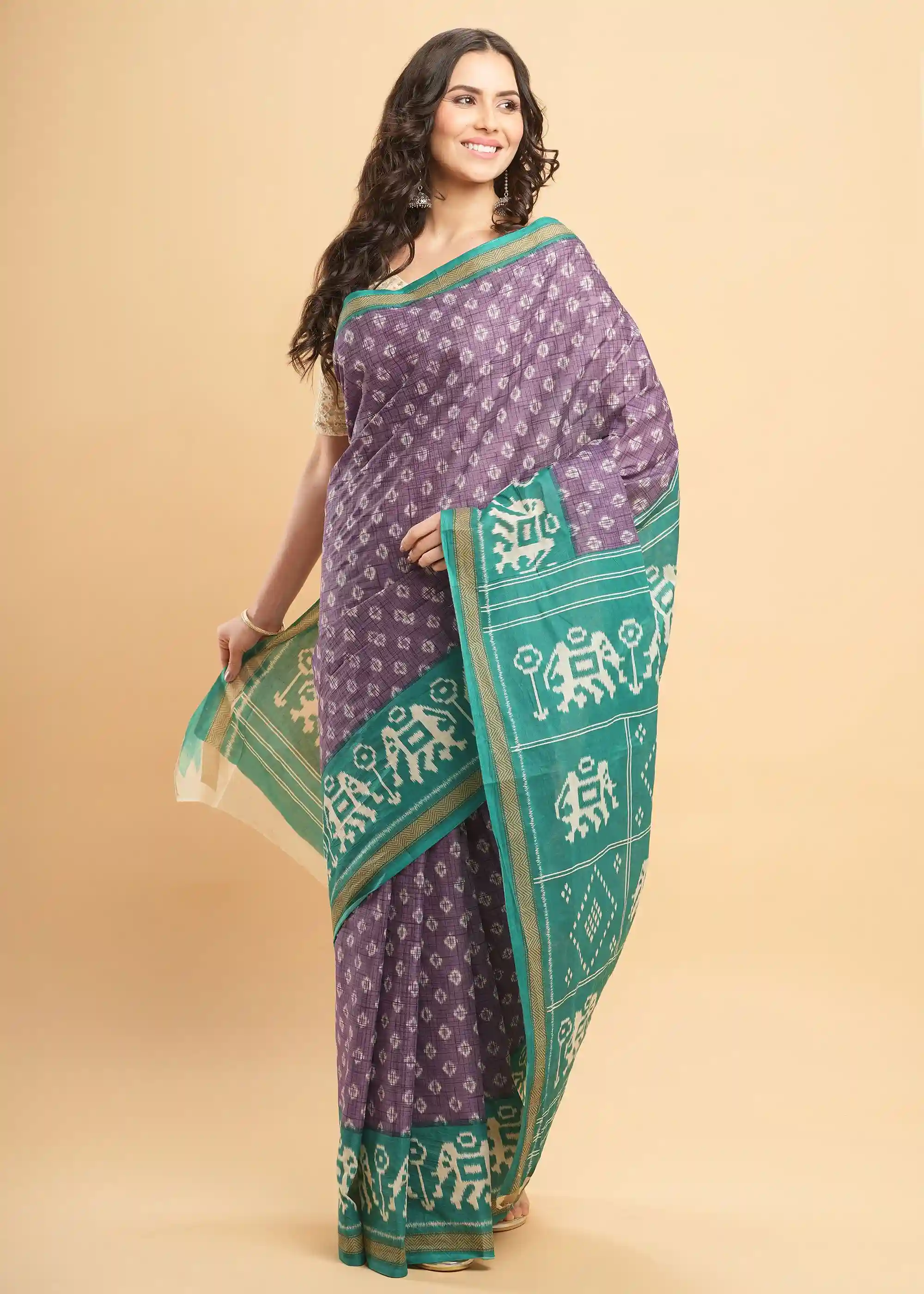 Mul Mul Pure Cotton Saree With Ikat Prints All Over - Lavender & Sea Green