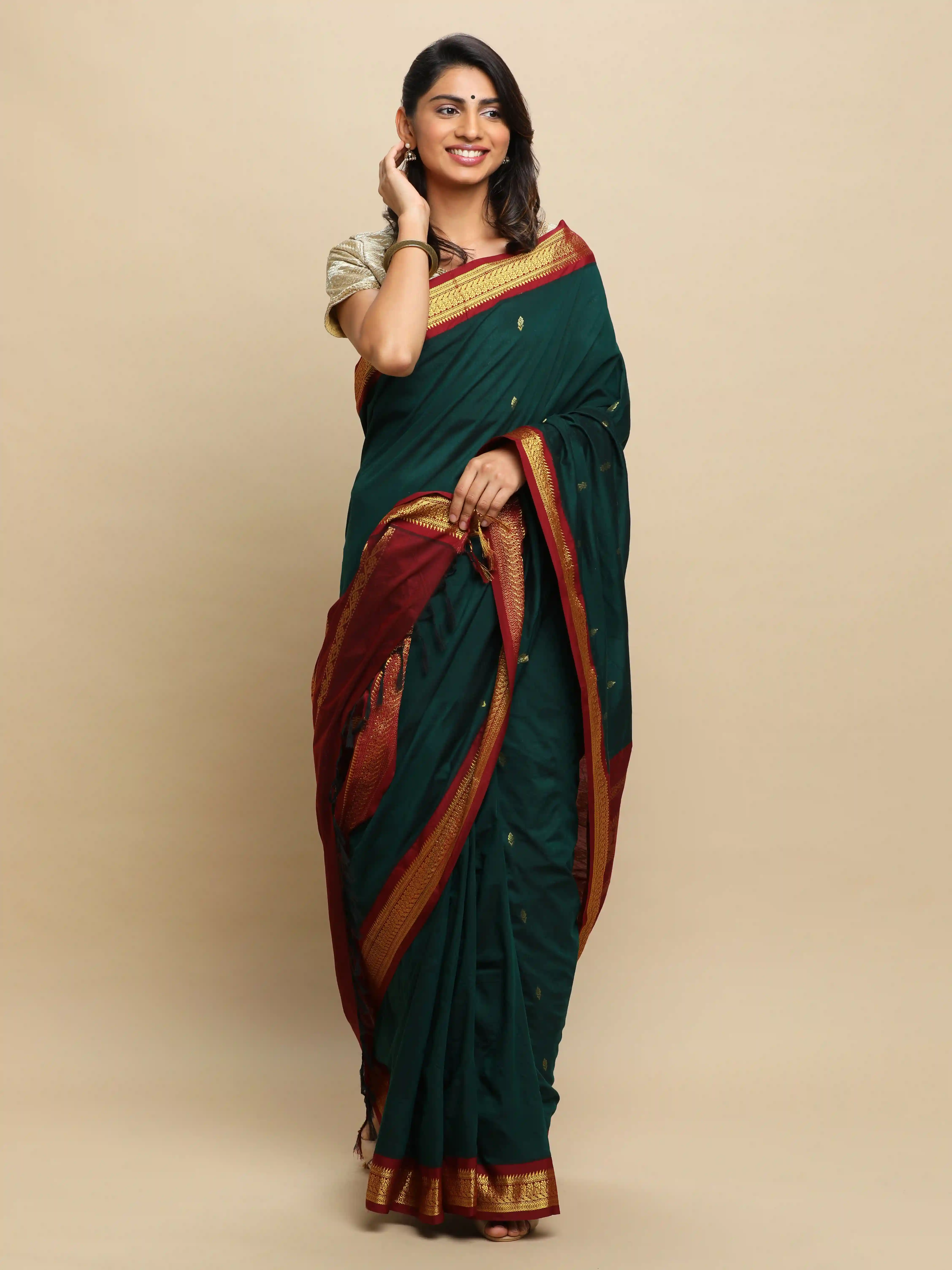 Gadwal Silk Cotton Sarees With Zari Buttas - Bottle Green Maroon