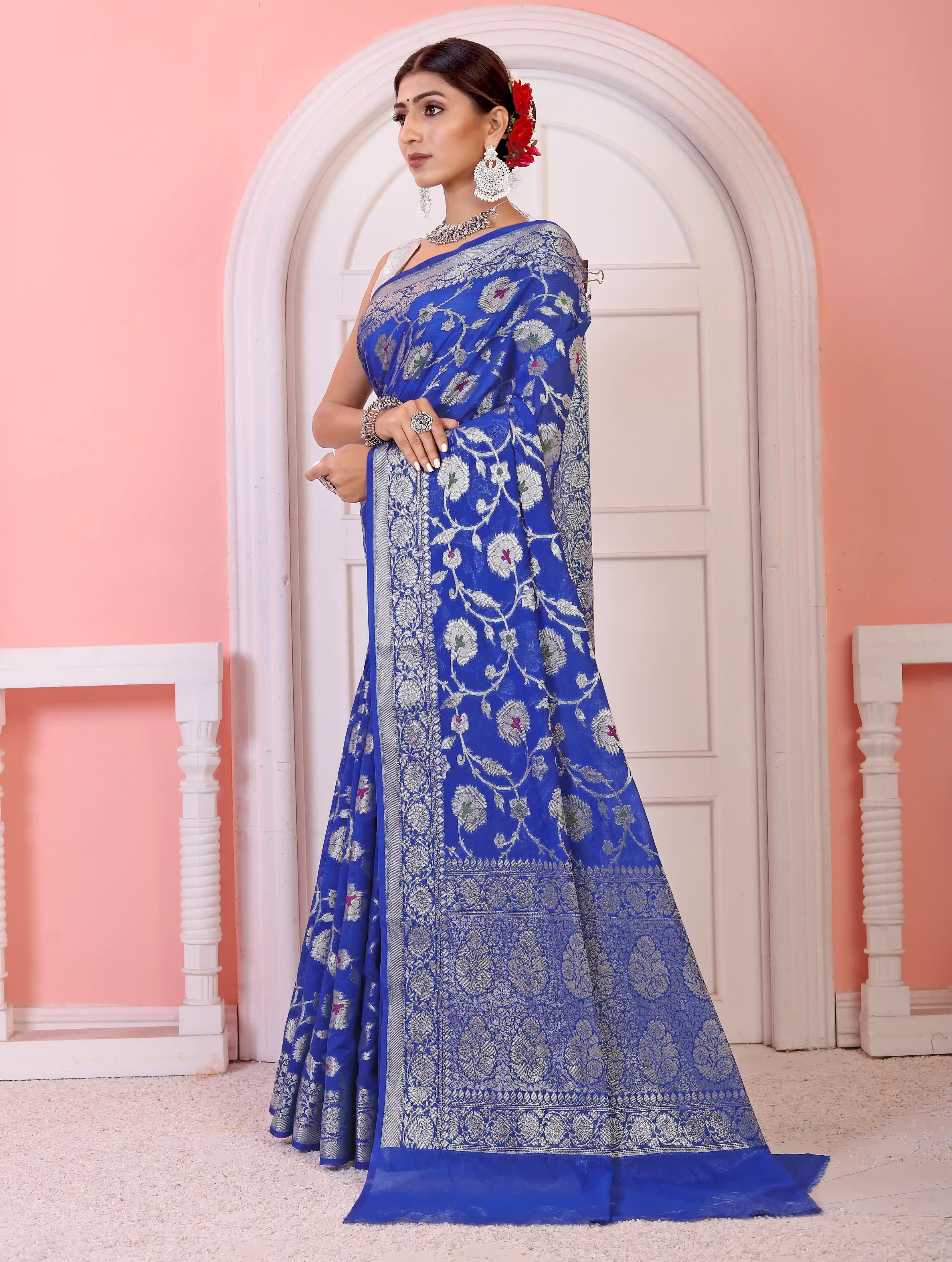 Soft Georgette Floral Banarasi Jaal Silk Saree - Blue