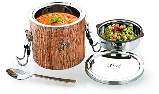 Jvl Leak Proof Single Layer - Big Lunch Tiffin Box With Spoon And Bag For Corporate - Inner Stainless Steel Outside Wooden Finish