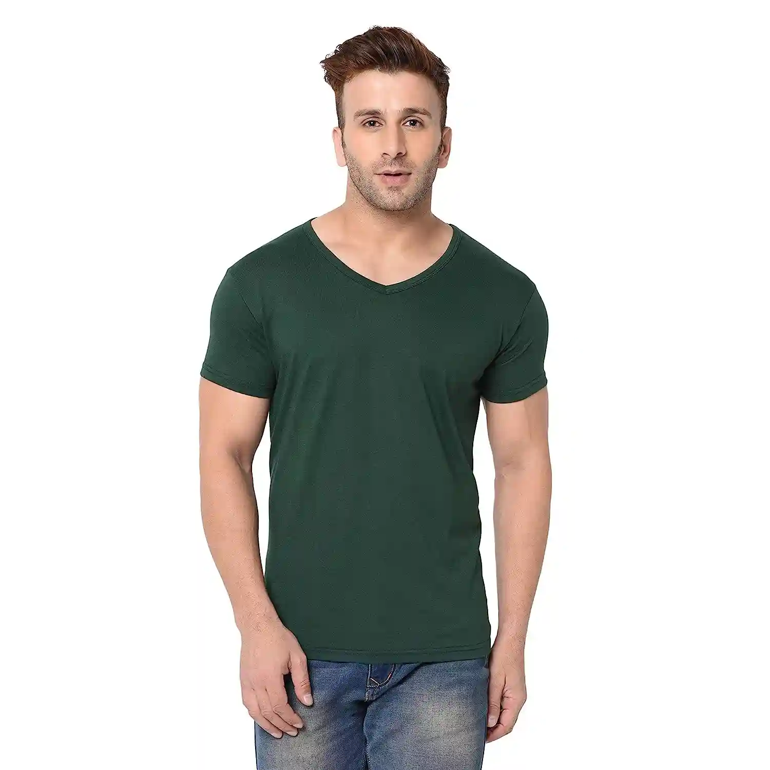 V-Neck Cotton T-shirt for Men - Dark Green (Small)