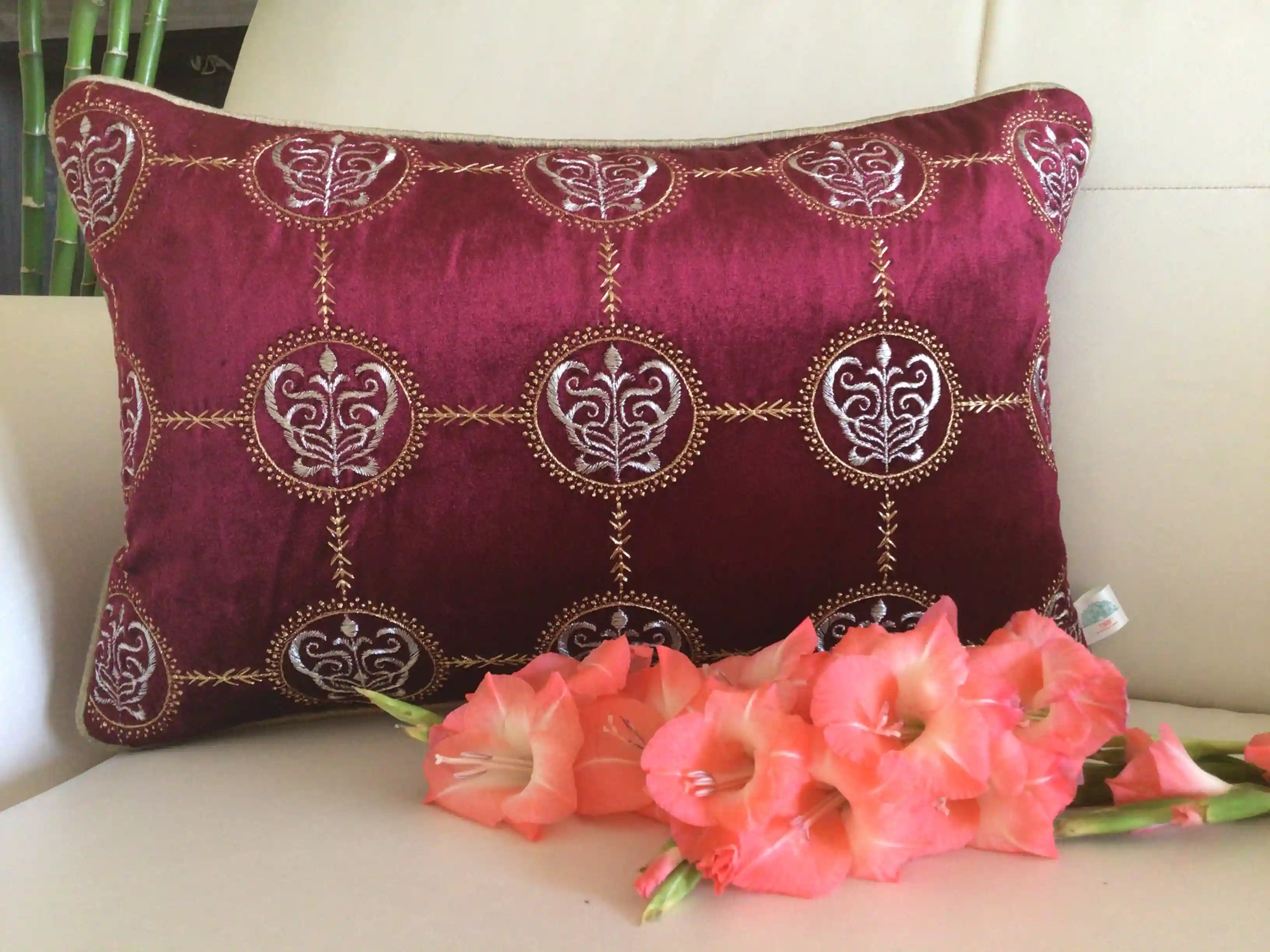 Cleopatra- Embroidered Luxury Velvet Cushion Cover- Wine Red- Set of 1