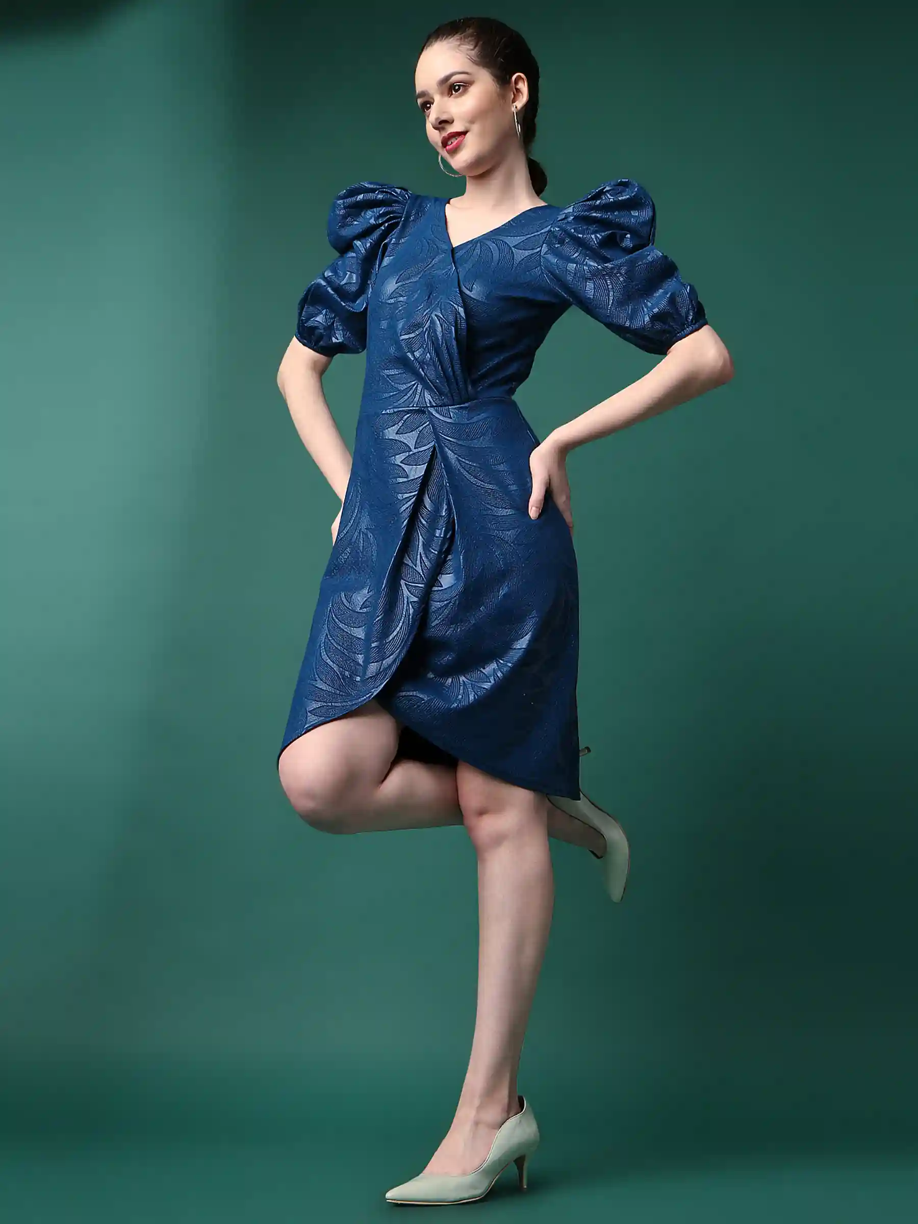 Embossed Off Shoulder Printed Women's Party Dress - Airforce Blue Small