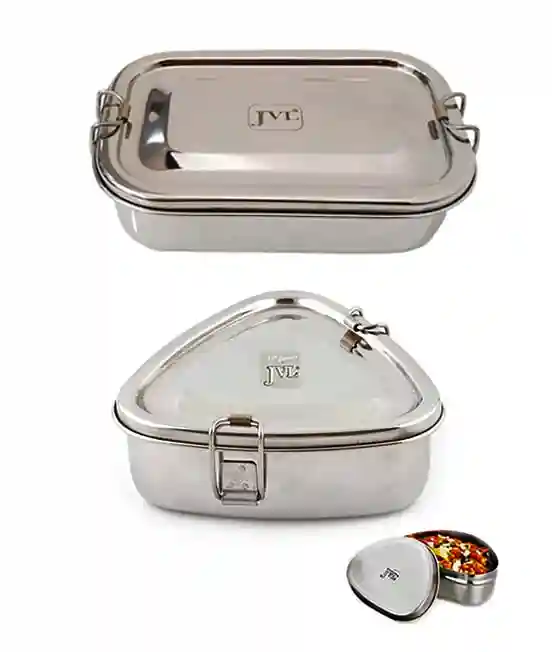 Jvl Stainless Steel Rectangular Single Layer Lunch Box With Inner Plate & Big Triangle Lunch Box With Small Container Not Leak Proof - Pack Of 2