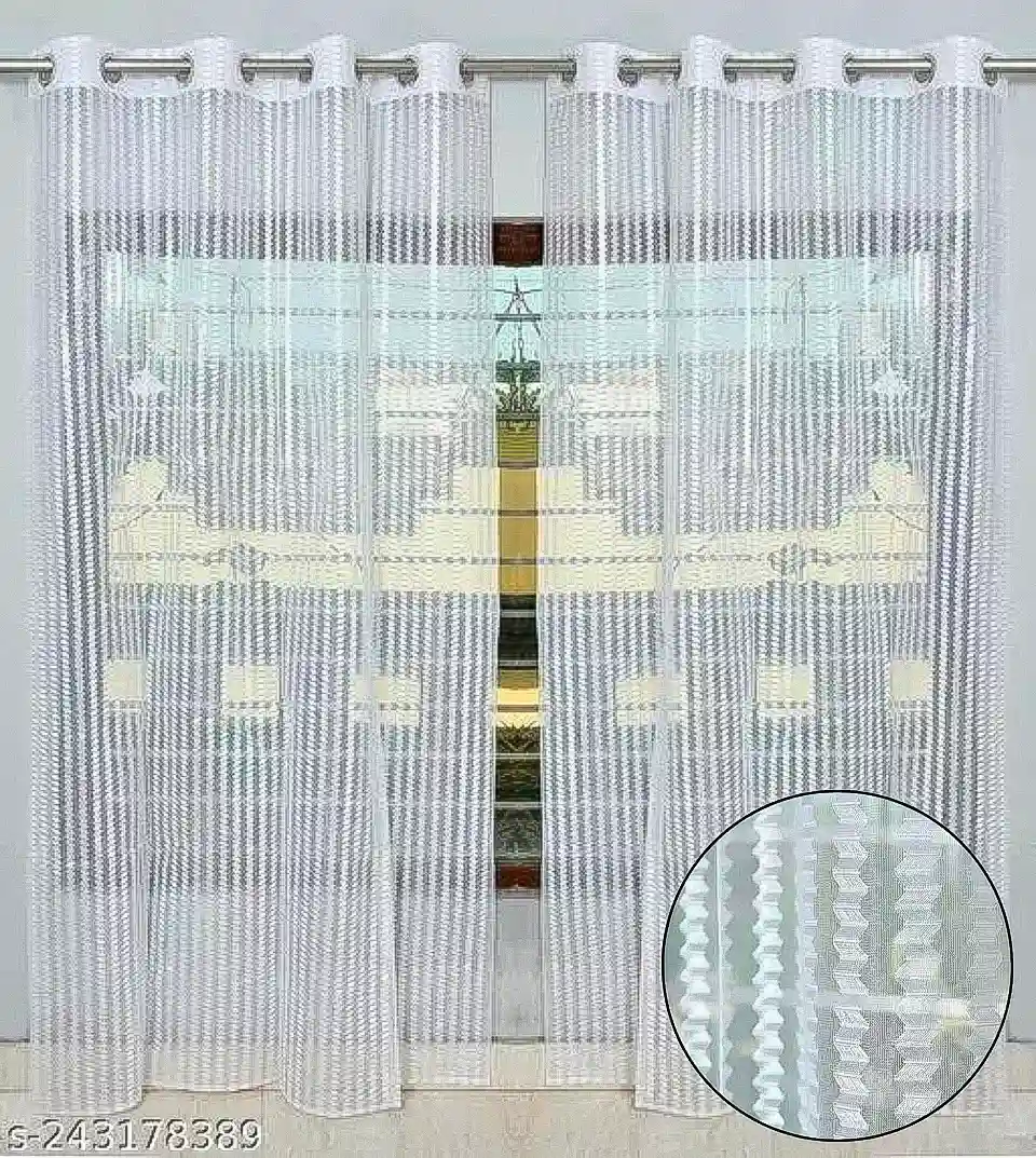 Zig Zag Embroidery Sheer Door Curtains - White