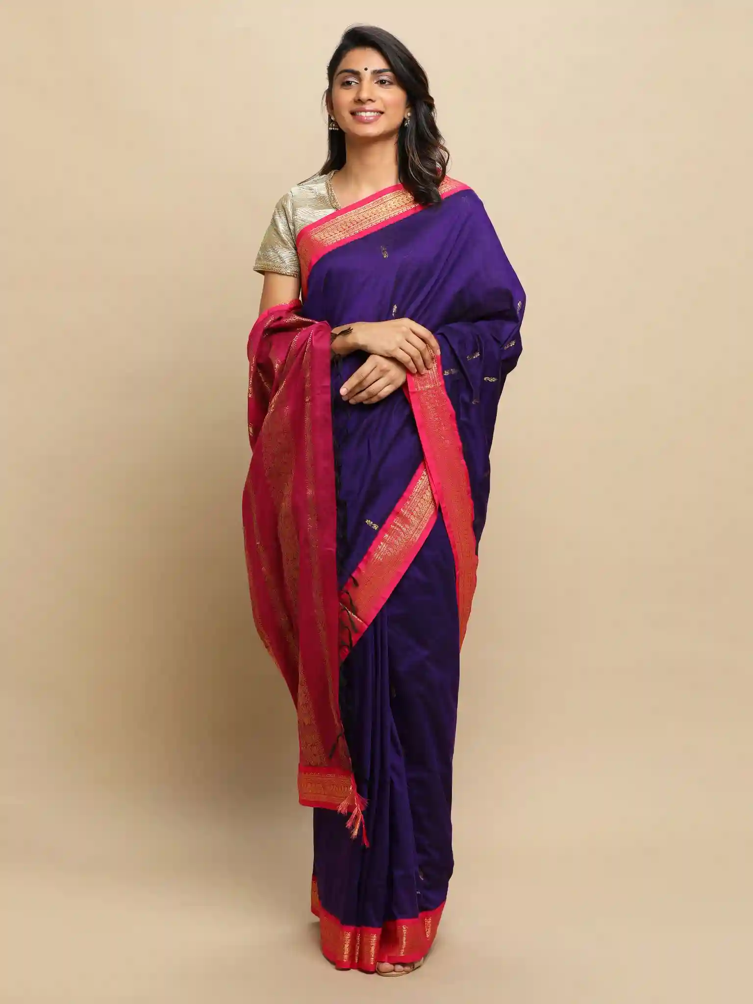 Gadwal Silk Cotton Sarees With Zari Buttas - Violet Rani