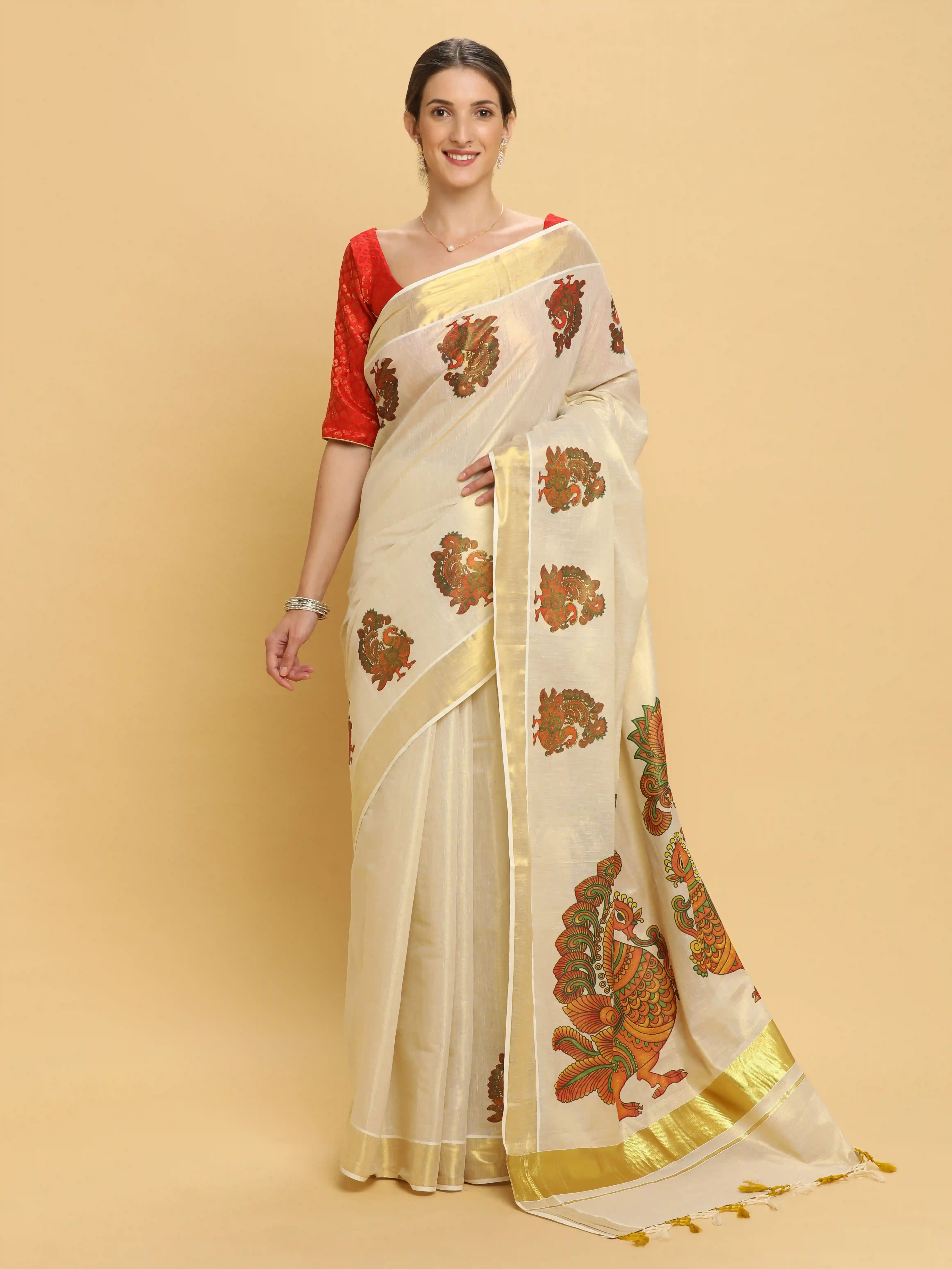 Kerala Kasavu Pure Cotton Saree With Mural Prints All Over - Pattern 3