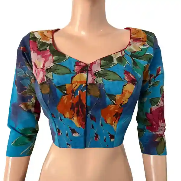 Digital Printed Cotton Y neck Blouse with 3/4 Sleeves - Blue S