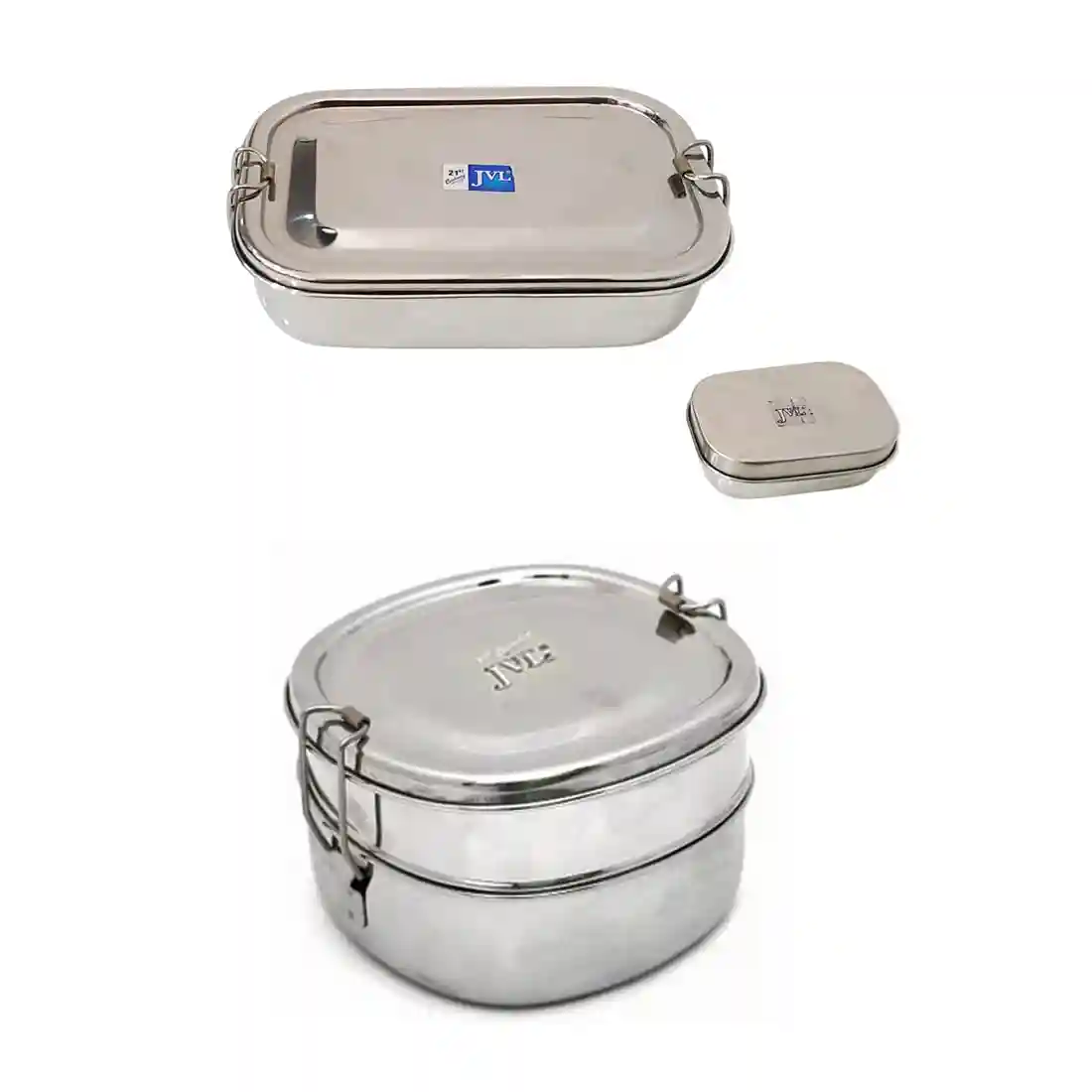 Jvl Stainless Steel Rectangular Single Layer Lunch Box With Small Container & Big Chakra Double Layer Lunch Box With Inner Plate Not Leak Proof - Pack Of 2