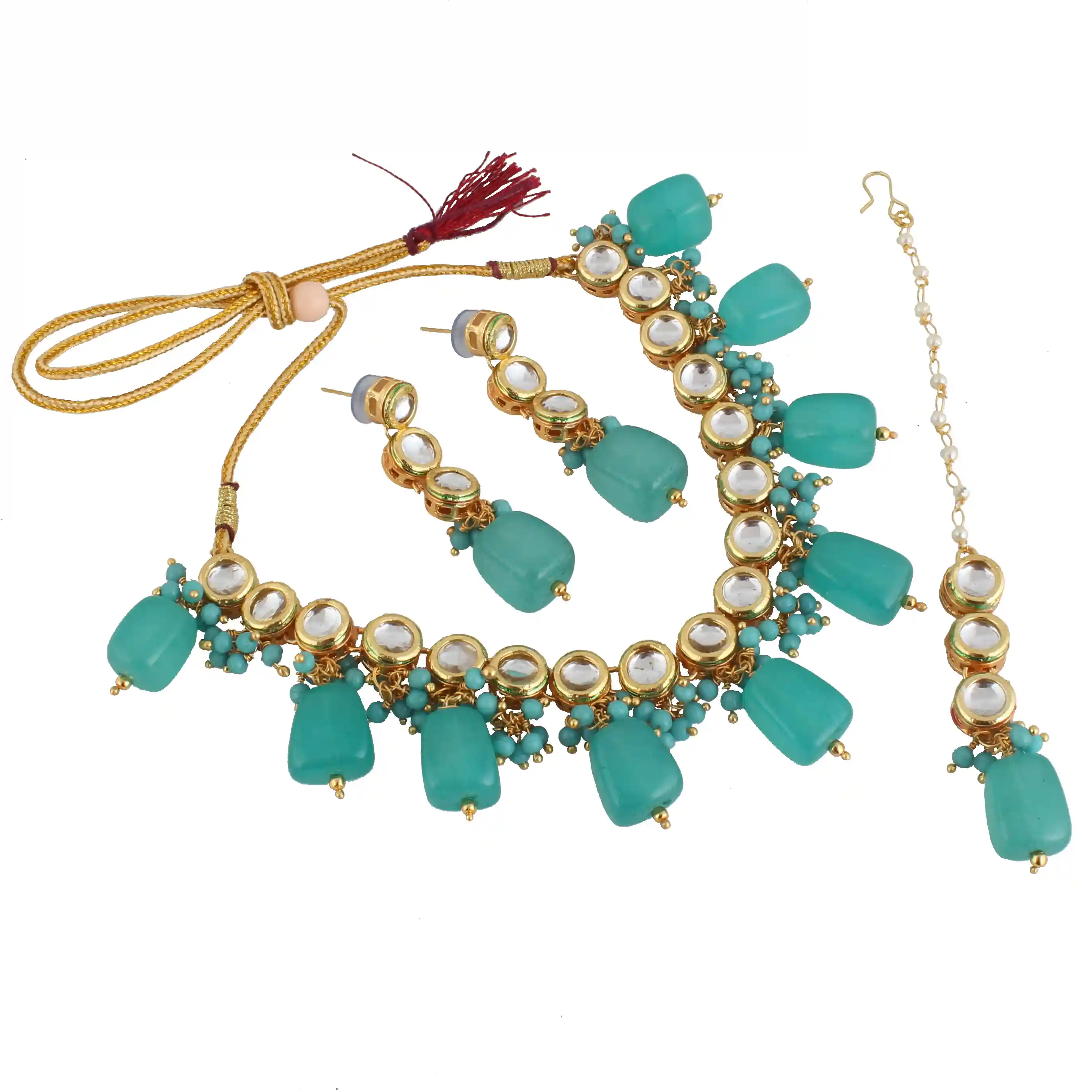 Gold Plated(18k) Round Stone Design Jewellery Set - Turquoise Blue