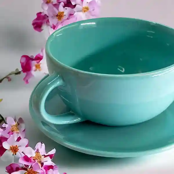 Coffee Mug With Saucer - Turquoise (Set of 2)