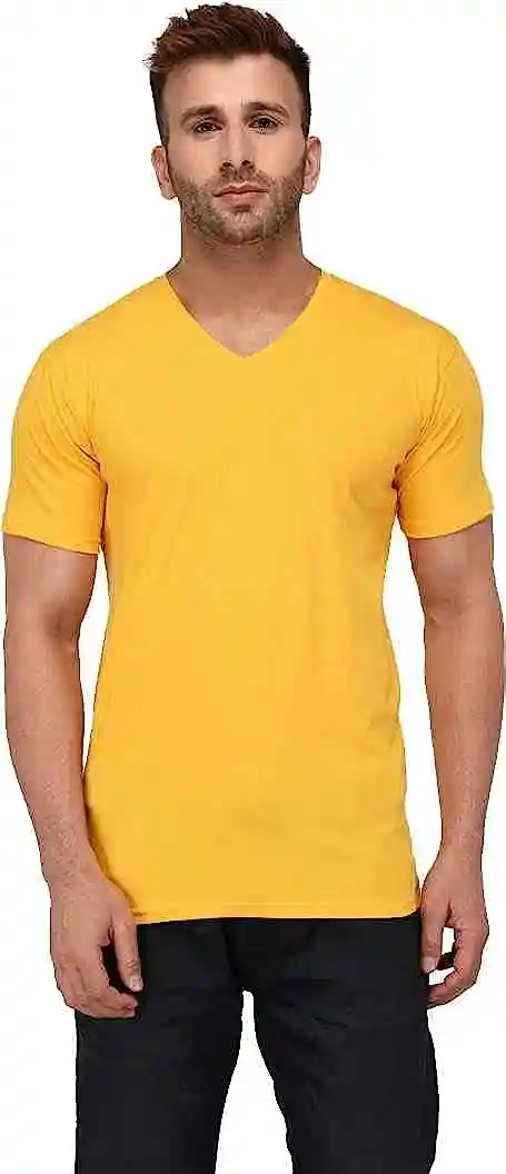 V-Neck Cotton T-shirt for Men - Yellow (Small)