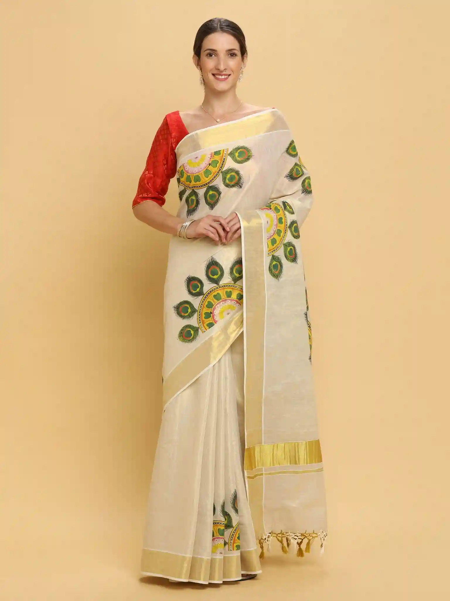 Kerala Kasavu Pure Cotton Saree With Mural Prints All Over - Pattern 1