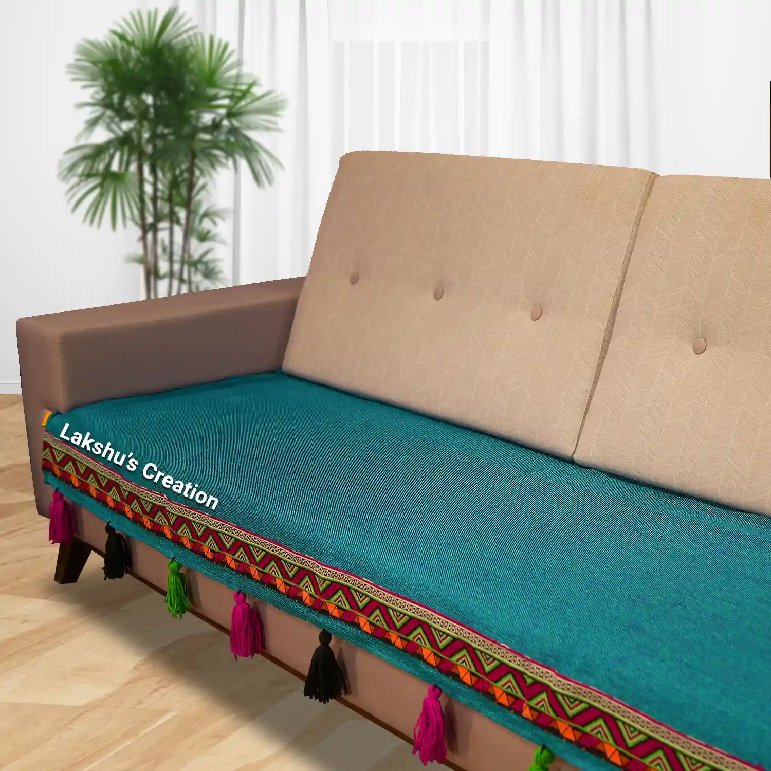 Jute Sofa Cover|Sofa Covers|Sofa Throw|Sofa Runner - Ocean Green & Maroon