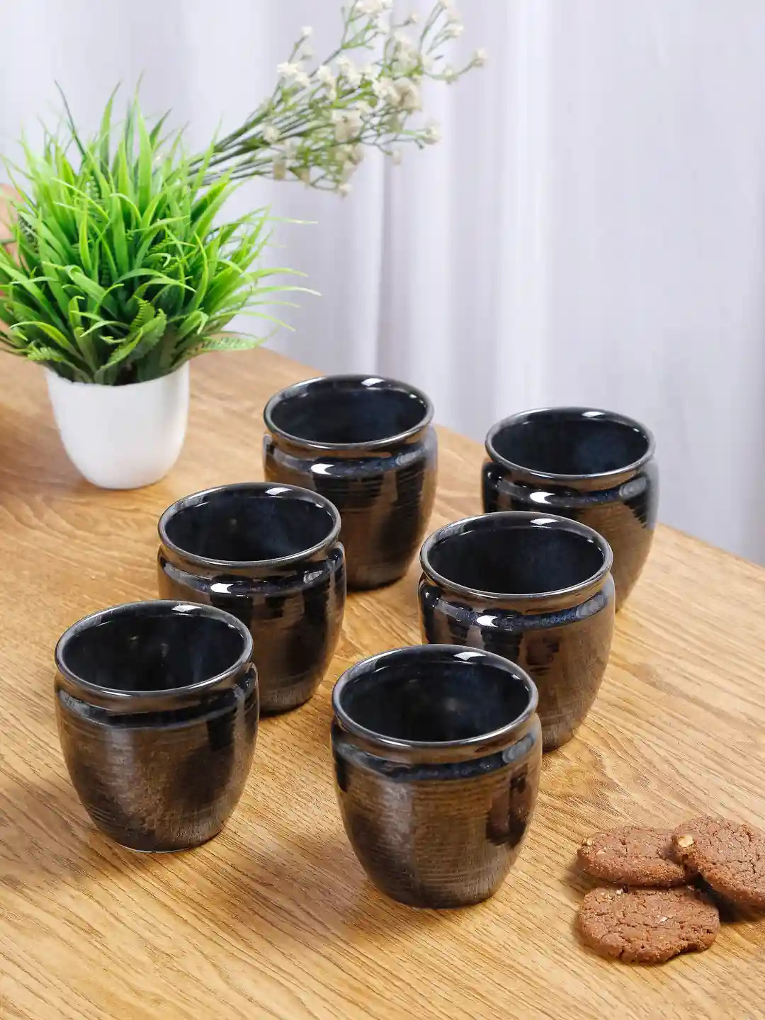 Shilpkara 'Ebony Dusk' Glazed Studio Pottery Ceramic Tea Kullad - Set of 6