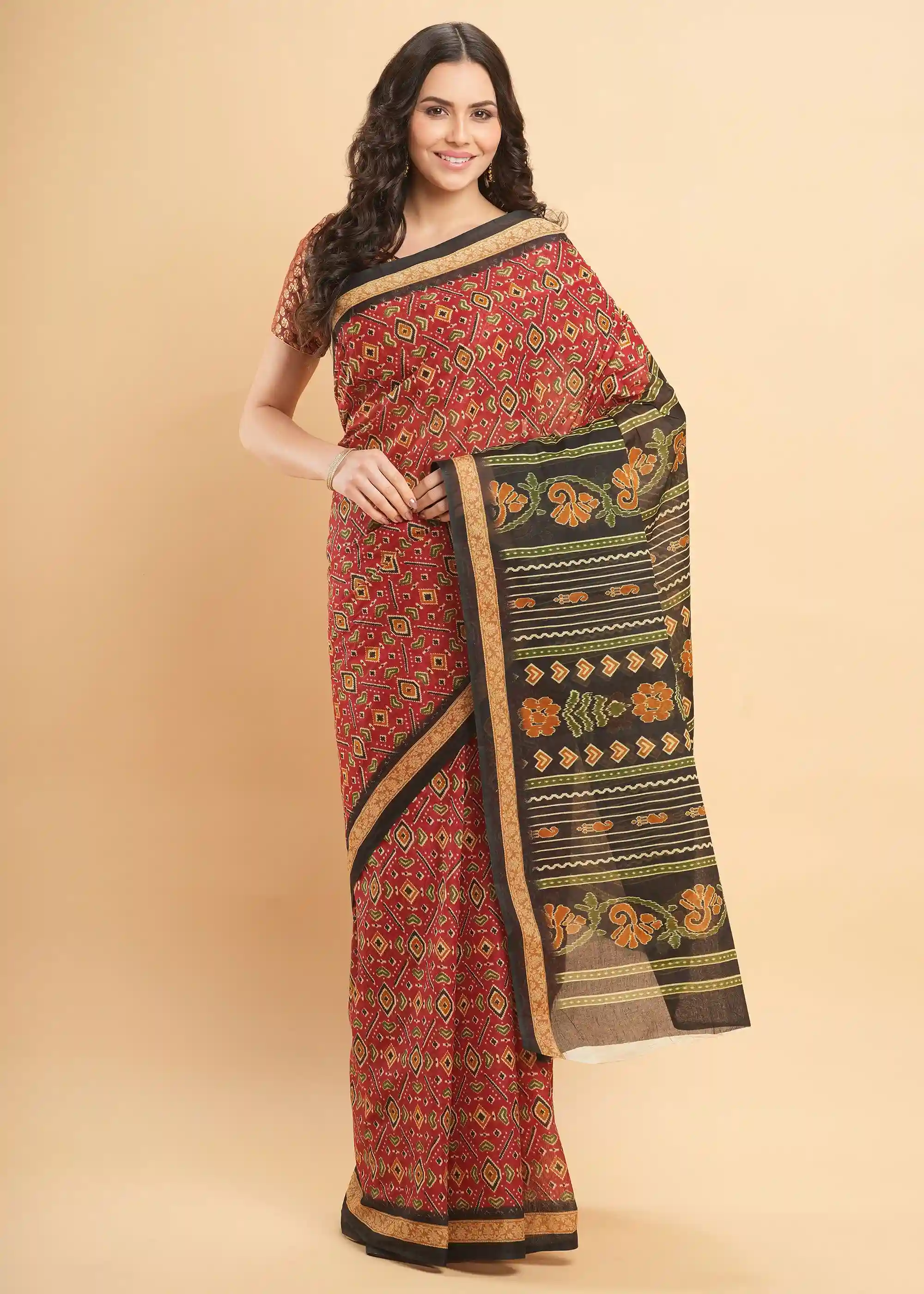 Mul Mul Pure Cotton Saree With Ikat Prints All Over - Red Patola