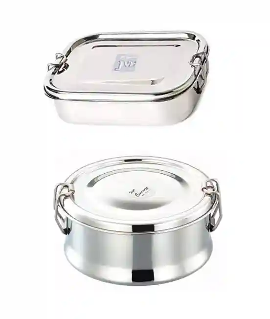 Jvl Stainless Steel Rectangular & Round Shape Single Layer Combo Lunch Box With Inner Plate Small - Set Of 2