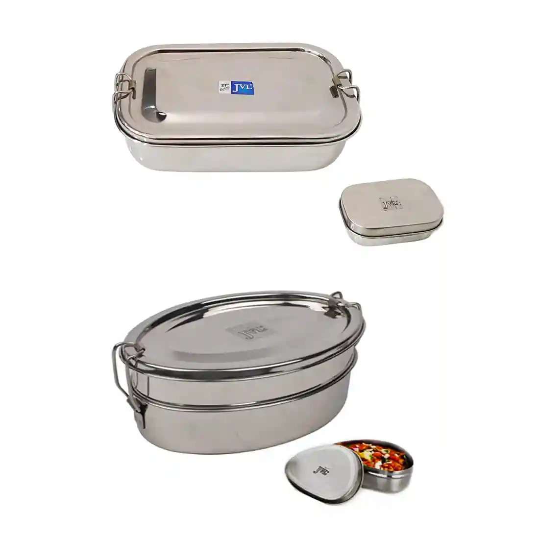 Jvl Stainless Steel Rectangular Single Layer Lunch Box With Small Container & Big Oval Double Layer Lunch Box With Mini Container Not Leak Proof - Pack Of 2