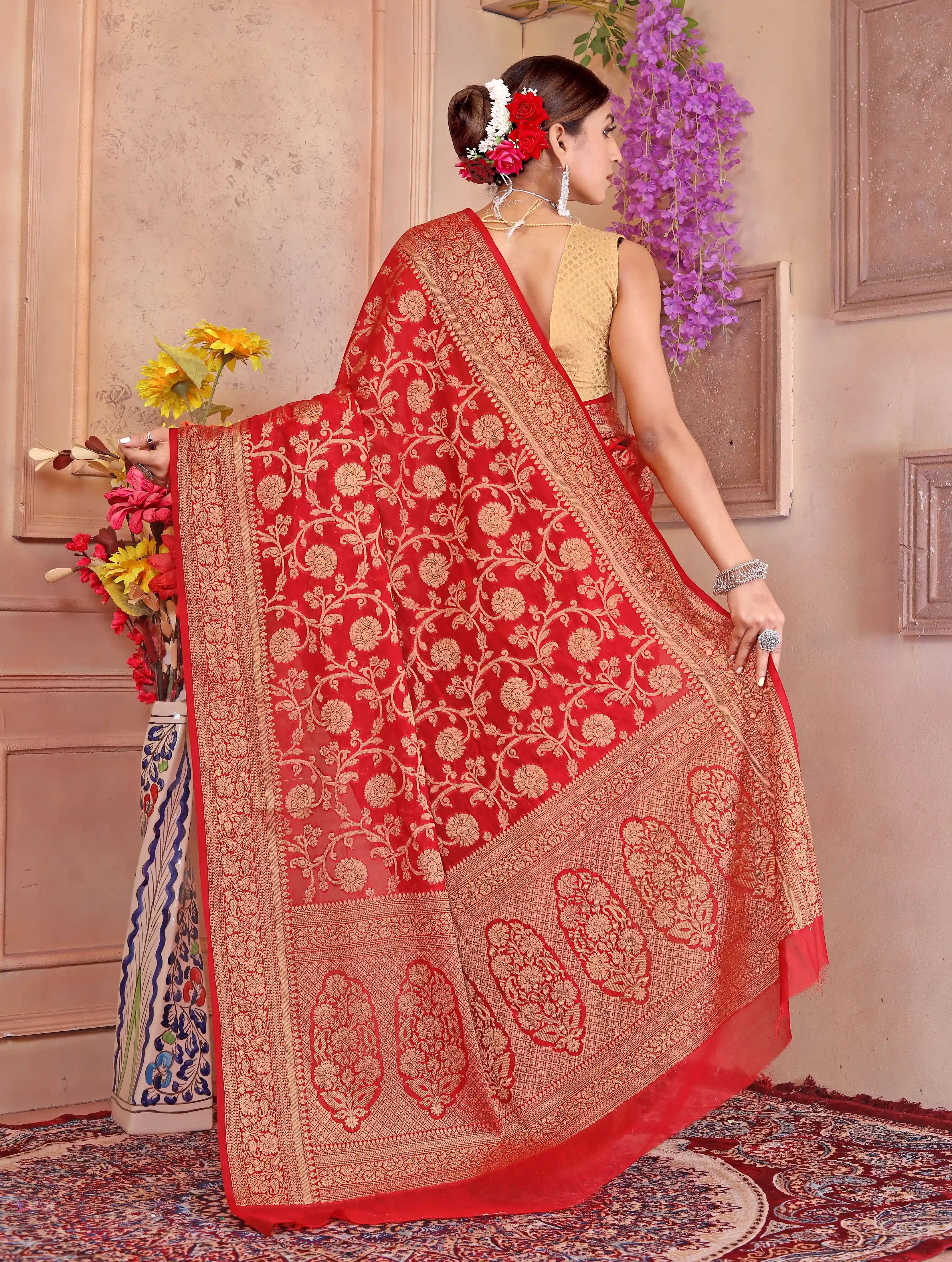 Red Banarasi Soft Georgette Jaal silk