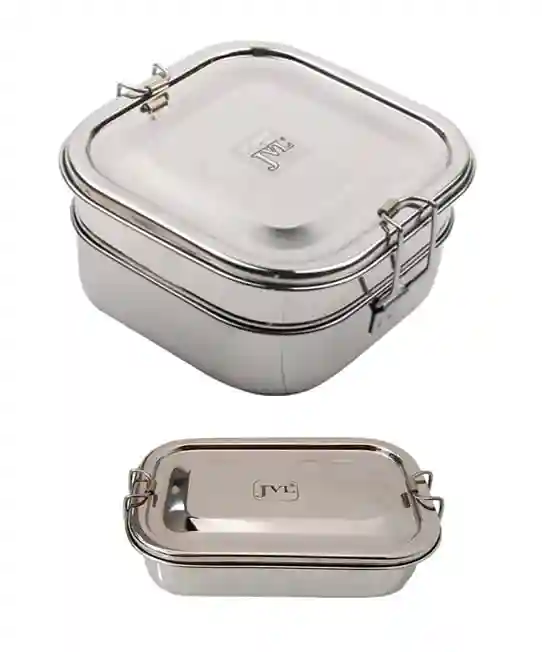 Jvl Stainless Steel Rectangular Shape Single Layer & Small Square Shape Double Layer Lunch Box With Inner Plate - Set Of 2