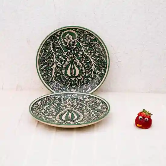 Shilpkara 'Green Royals' Hand Painted Kalamkari Serving Quarter Snacks Plates Set - Pack of 2