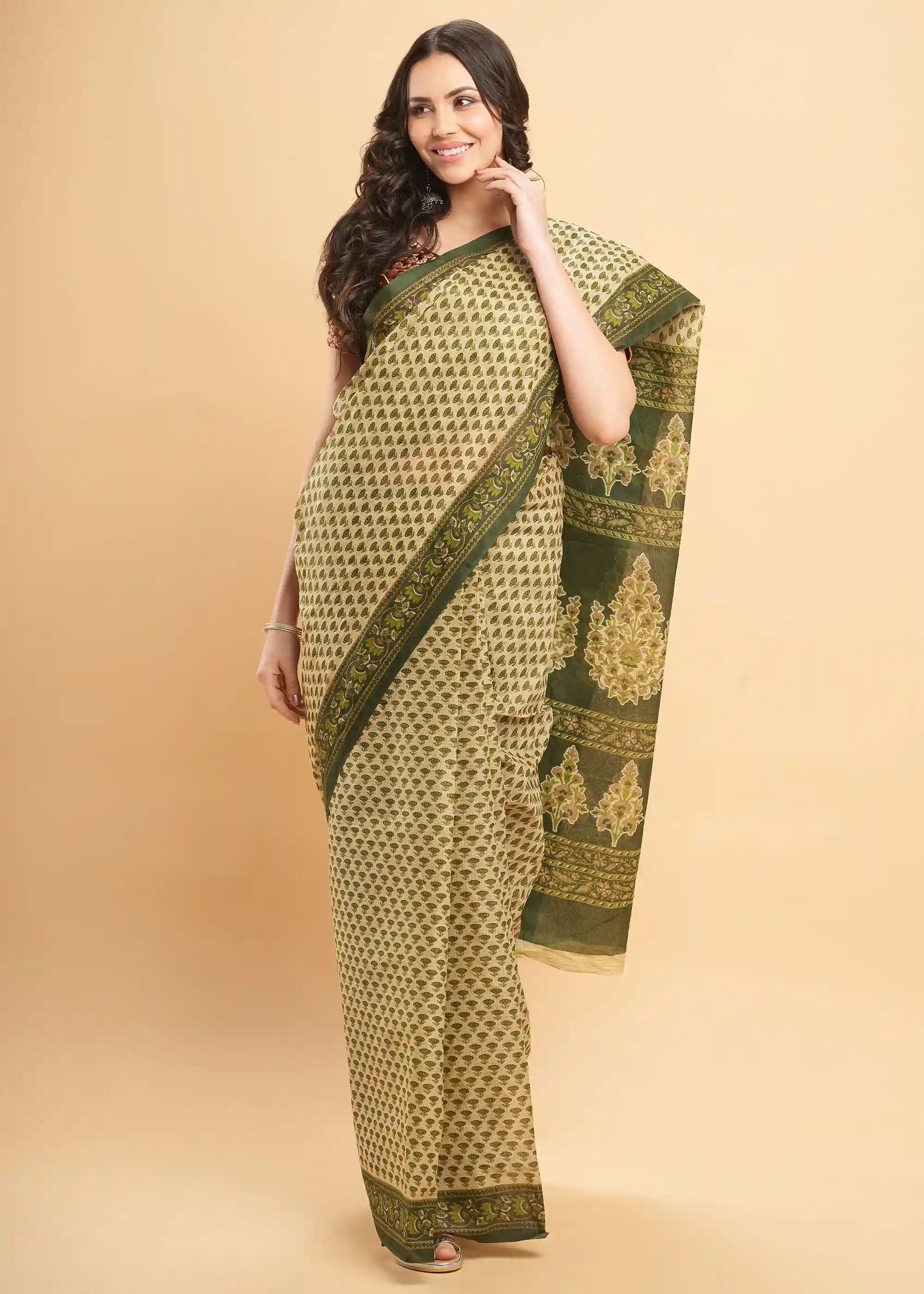 Mul Mul Pure Cotton Saree With Block Prints - Green