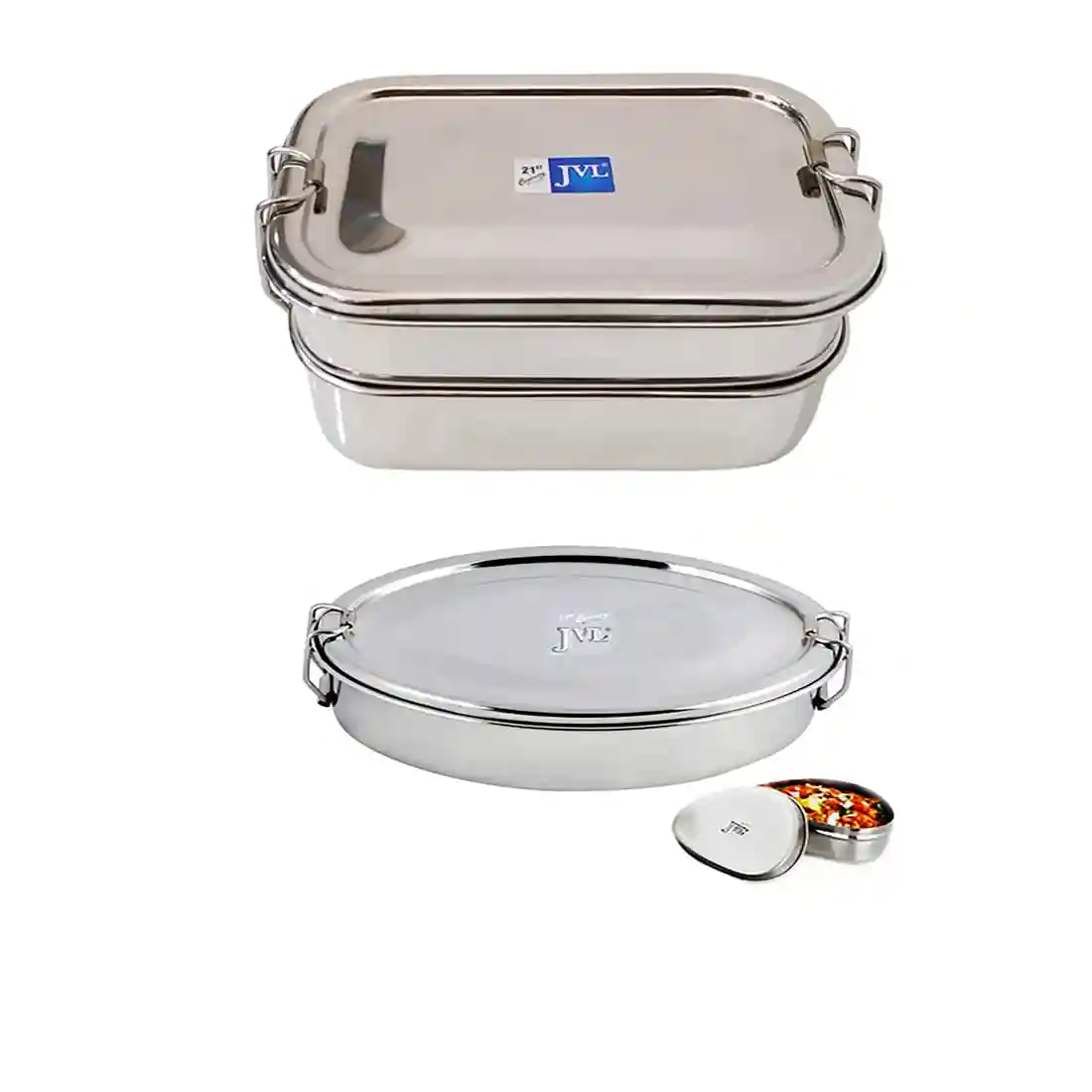 Jvl Stainless Steel Rectangular Double Layer Lunch Box With Inner Plate & Small & Oval Single Layer Lunch Box With Mini Container - Set Of 3