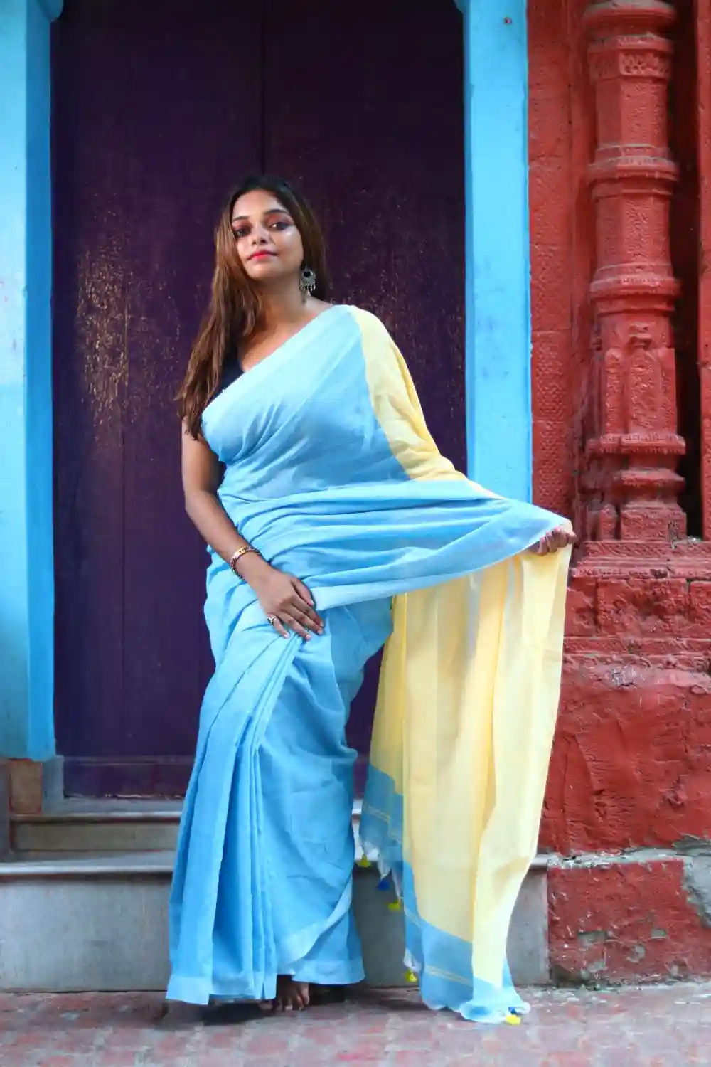 Pure Cotton Handloom Saree  - Sky Blue