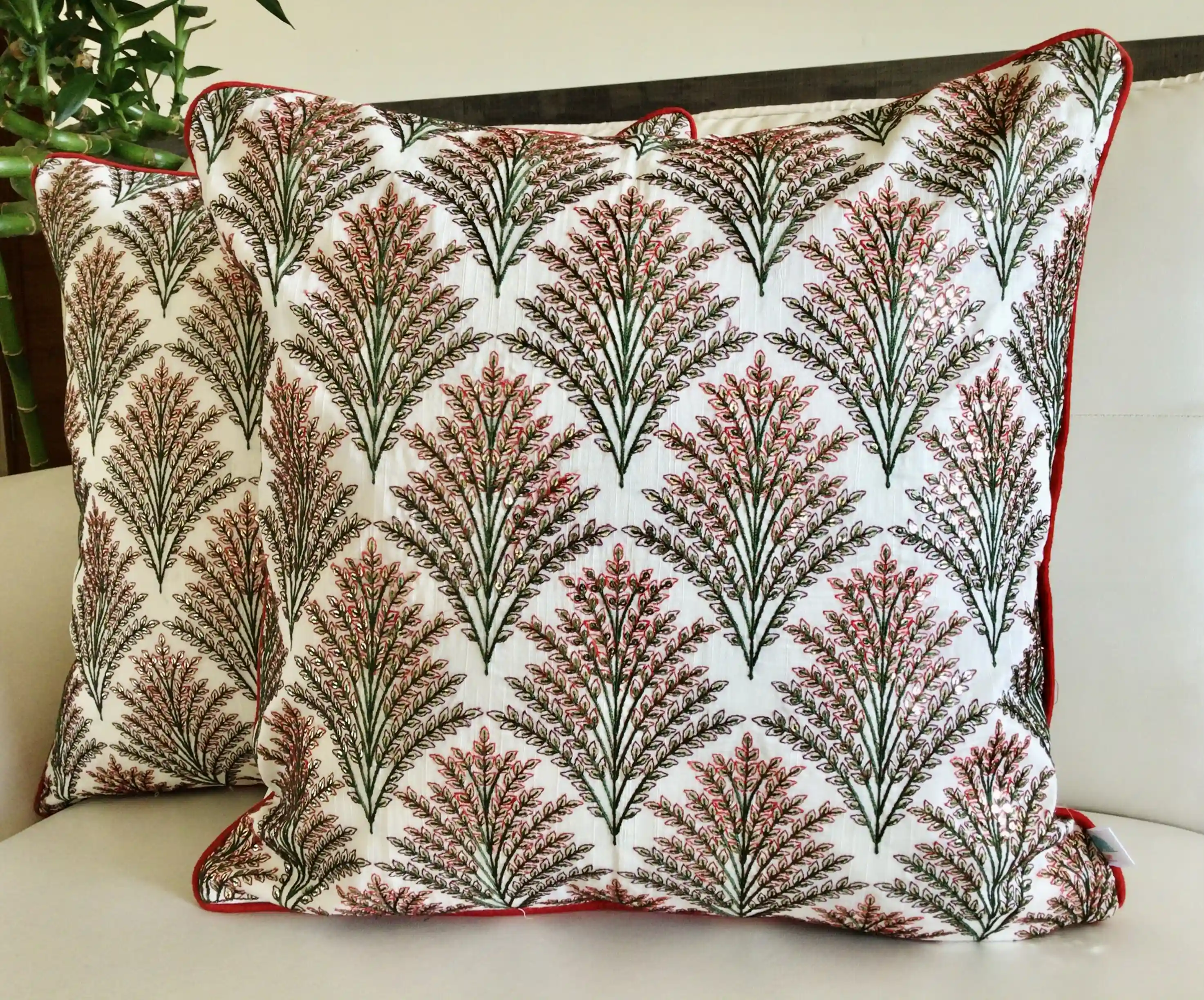 Shimmering Ferns- Embroidered Cotton Silk Cushion Cover- Multicolor- Set of 2