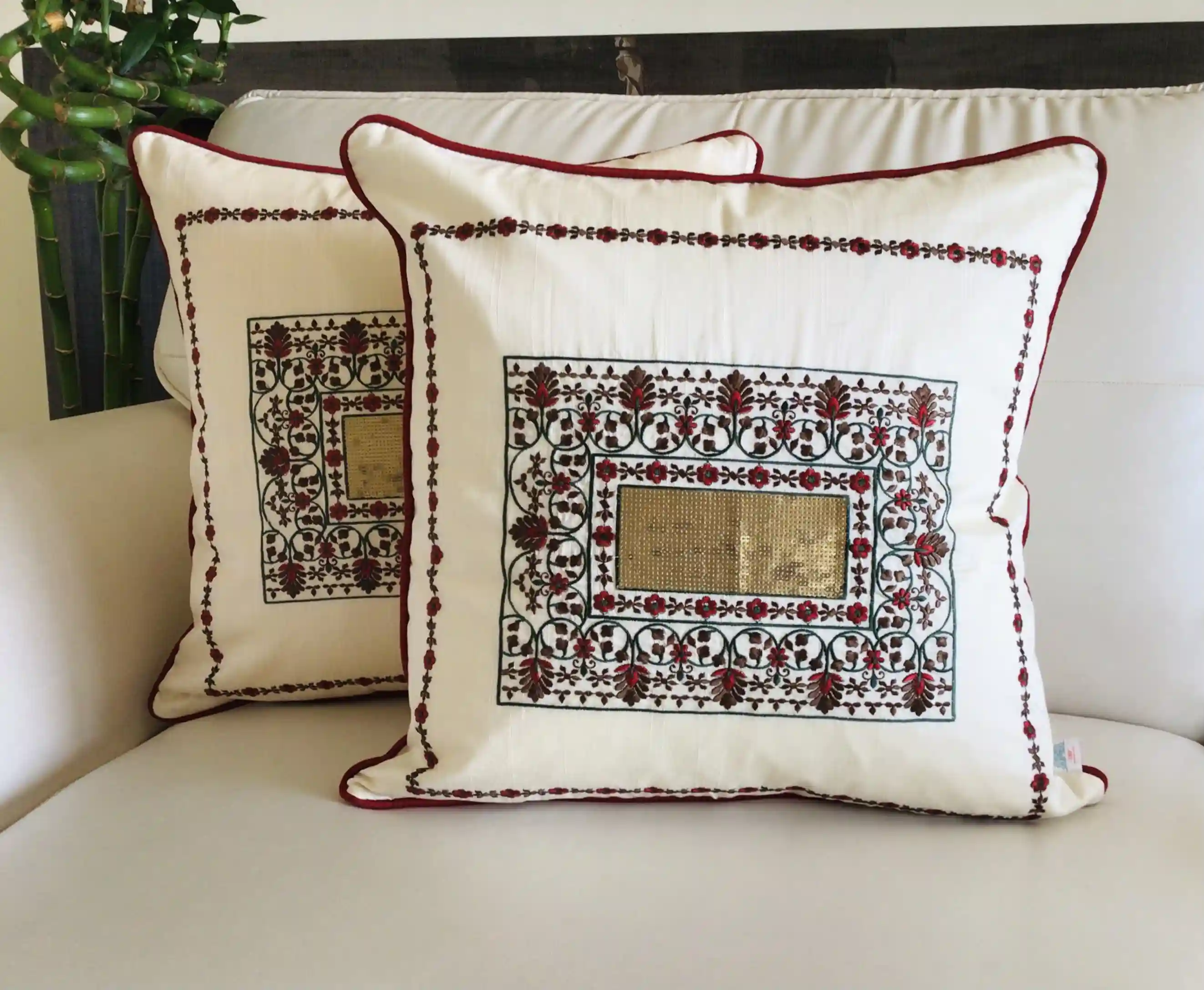 Magic Mirror- Embroidered Cotton Silk Cushion Cover- Creamy Cream- Set of 2